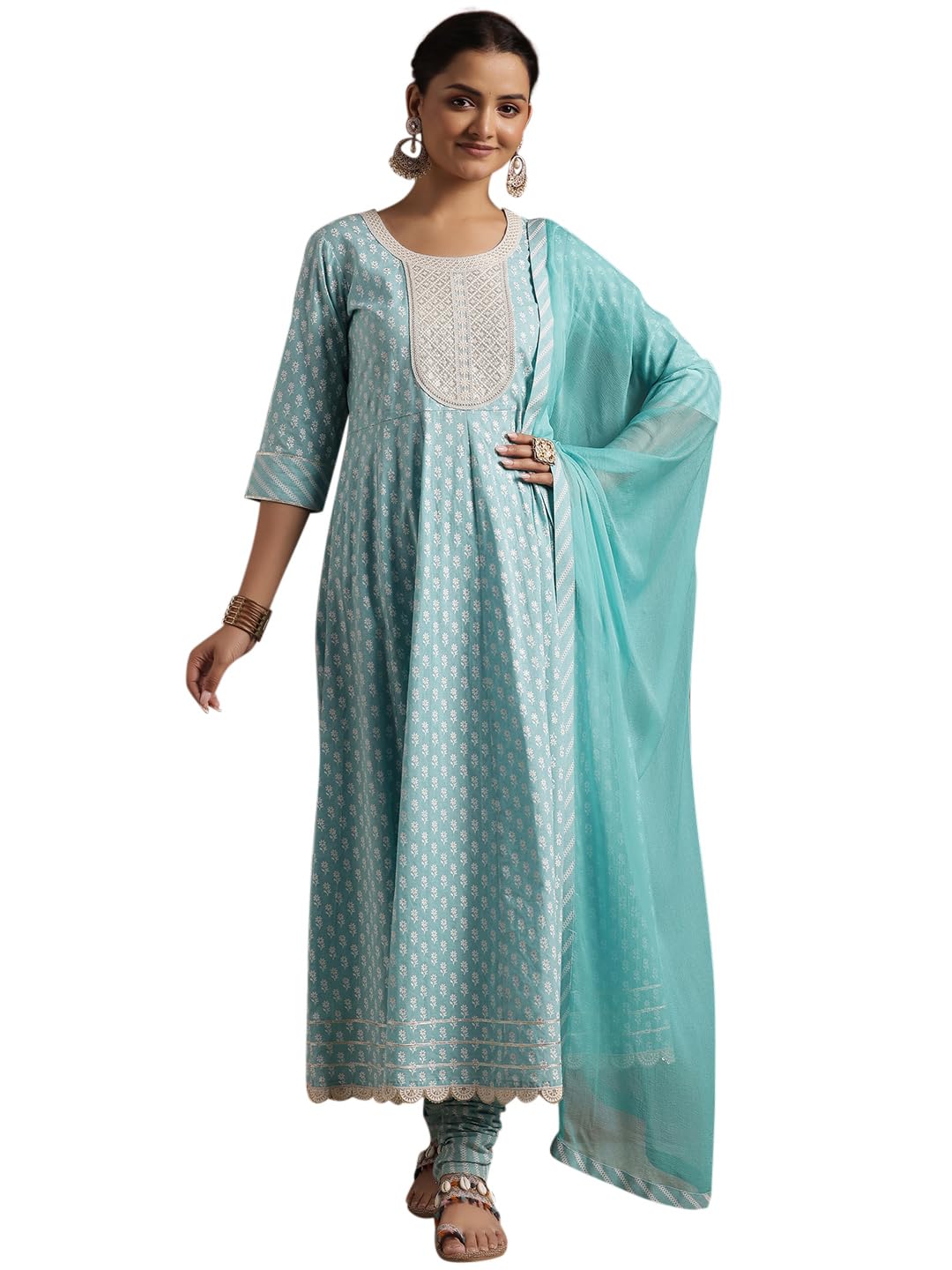 Libas Womens Printed Cotton A-Line Kurta With Churidar And Dupatta