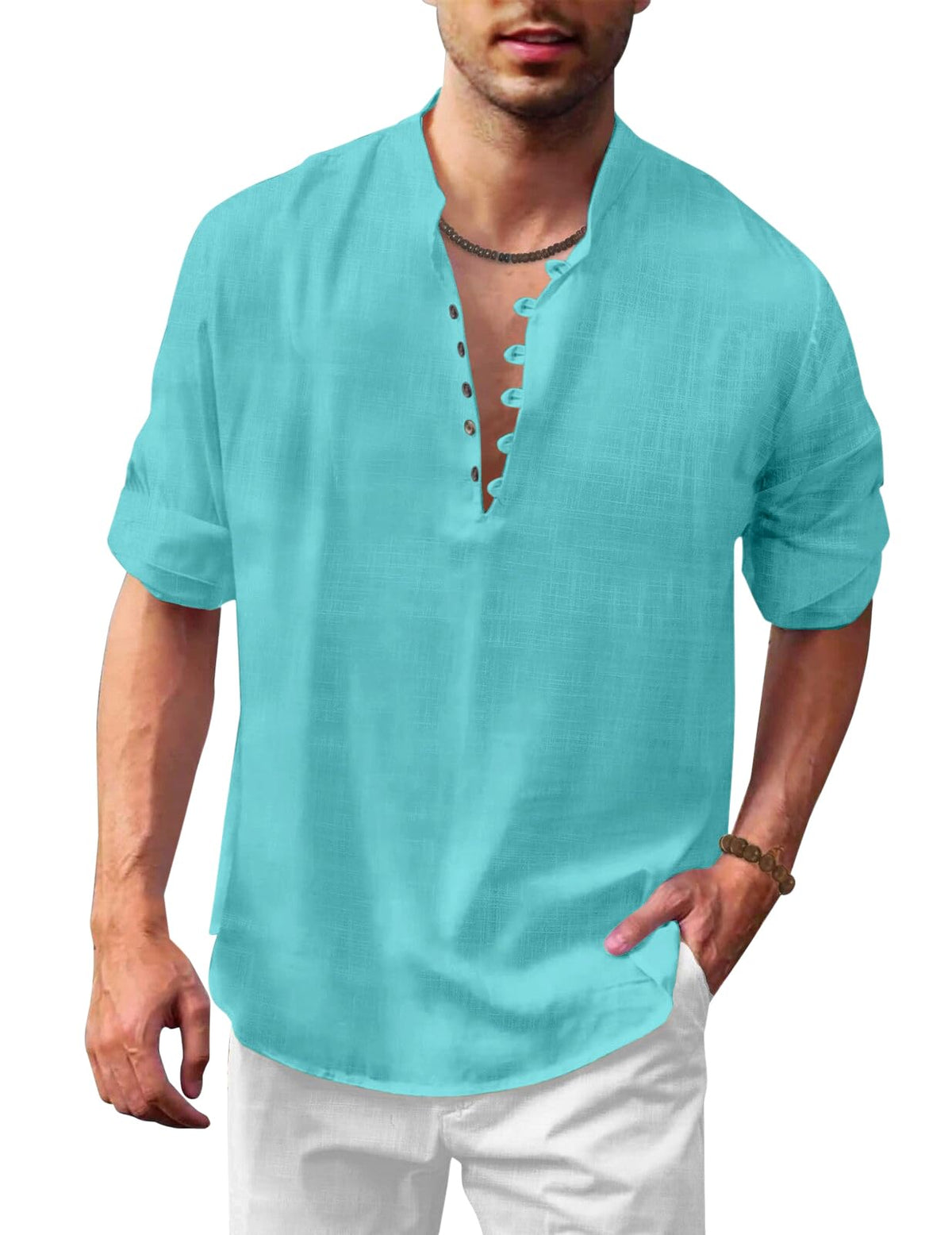 ROYALSCOUT Mens Solid Cotton Blend Straight Kurta Shirt | Regular Fit Full Sleeve Short Kurta Turquoise
