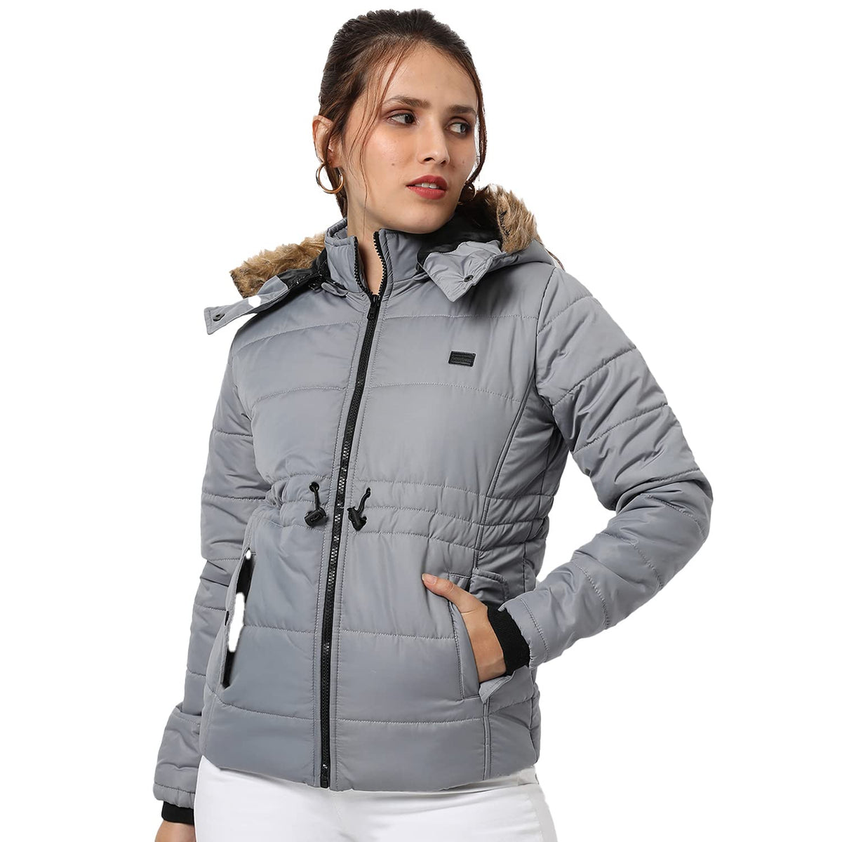 Campus Sutra Women Grey Hooded Puffer Regular Fit Bomber Jacket For Winter Wear | Standing Collar | Full Sleeve | Zipper | Casua