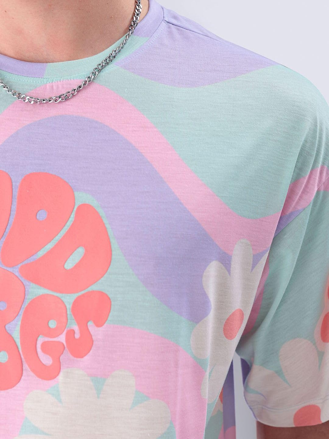 The Indian Garage Co Men Oversized Floral Round Neck Tshirt Aqua