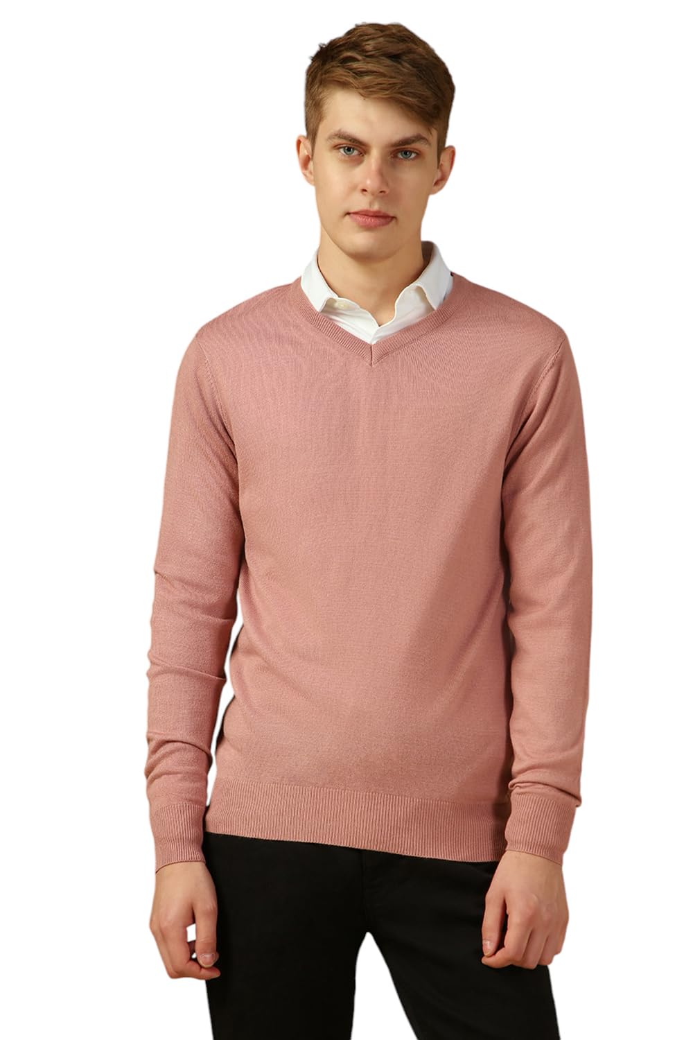 Dennis Lingo Men Acrylic Solid Slim Fit Full Sleeve V-Neck Pullover Sweater Pink
