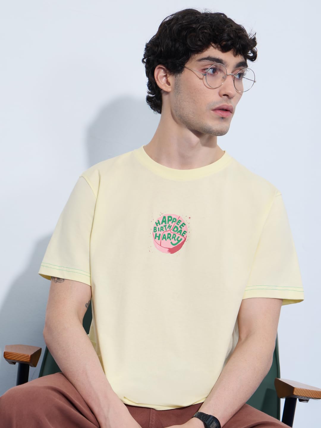 The Souled Store Harry Potter: Birthday Cake Men and Boys Short Sleeves Round Neck Off White Graphic Printed Cotton Relaxed Fit