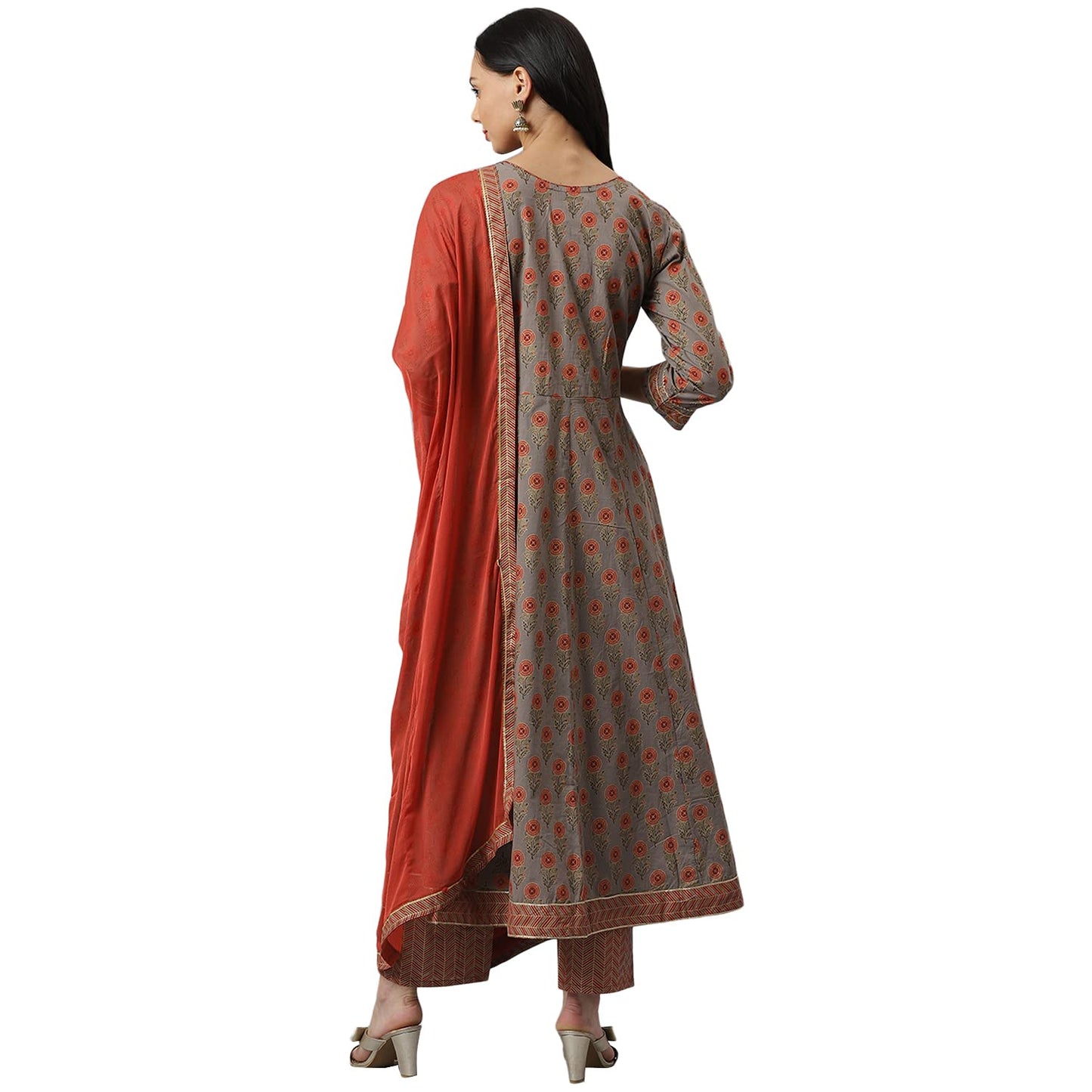 Stylum Women's Floral Printed Cotton Anarkali Kurta Pant Dupatta Set (Grey)