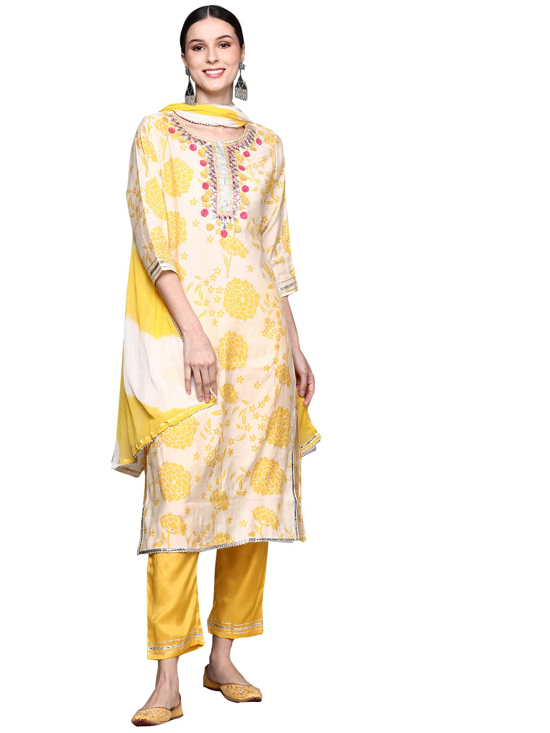 ishin Women's Yellow Yoke Design A-Line Kurta set With Trouser and Dupatta