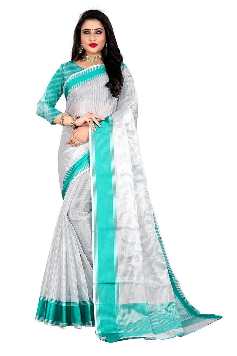 ANNI DESIGNER Womens Rama Color Art Silk Silver Striped Saree With Blouse Piece(HUM-TUM-RAMA_Free Size)