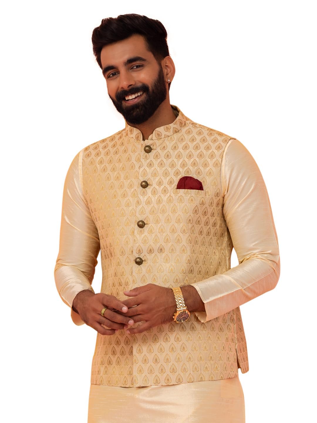 Kisah Men Gold-Toned Woven Design Nehru Jacket Ethnic Festive Waistcoat Cotton, Regular Fit