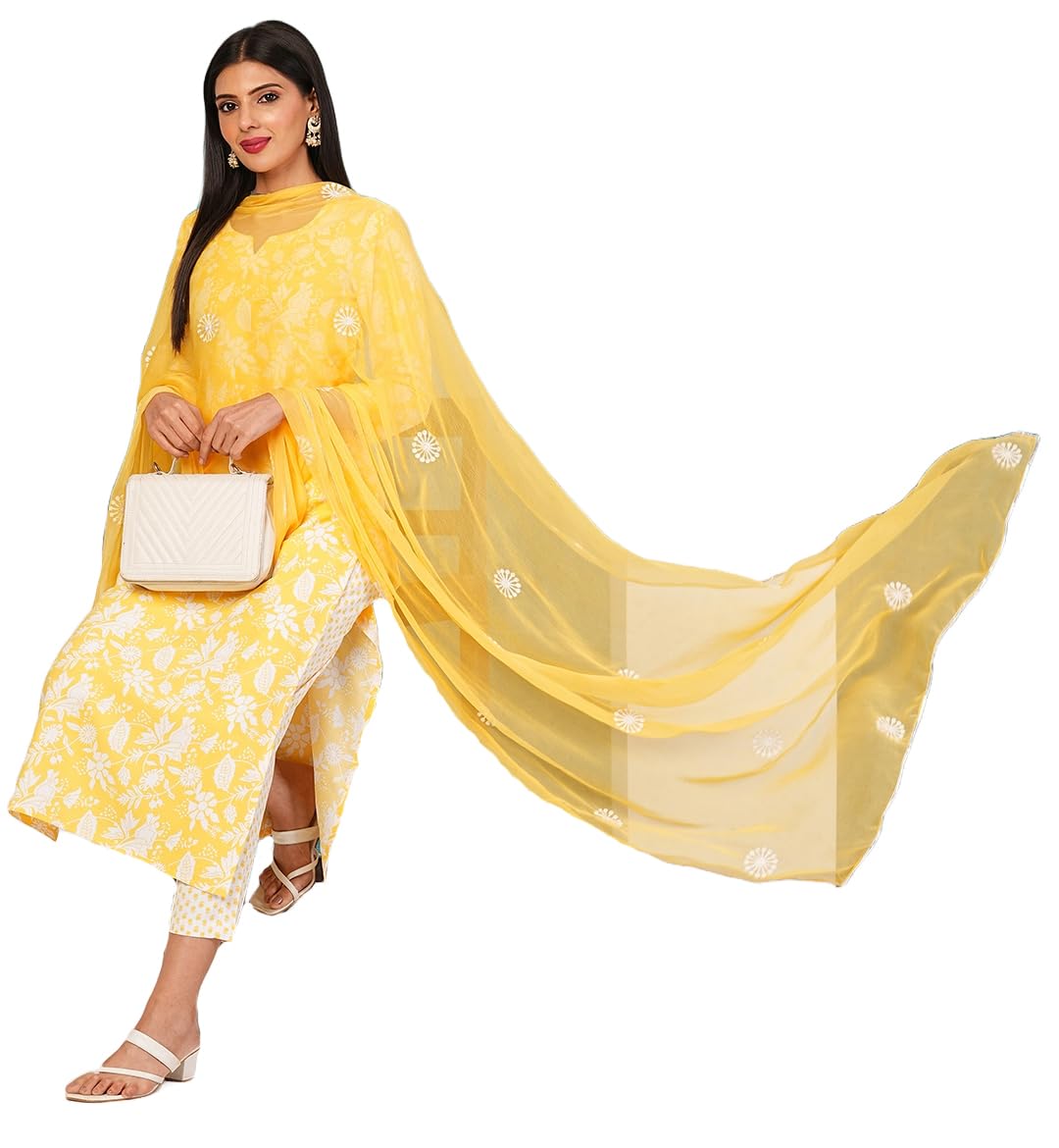 Gosriki WomenS Cotton Blend Straight Printed Kurta With Pant & Dupatta (Mei Yellow-Nb-Gs_Xl_Yellow_X-Large)