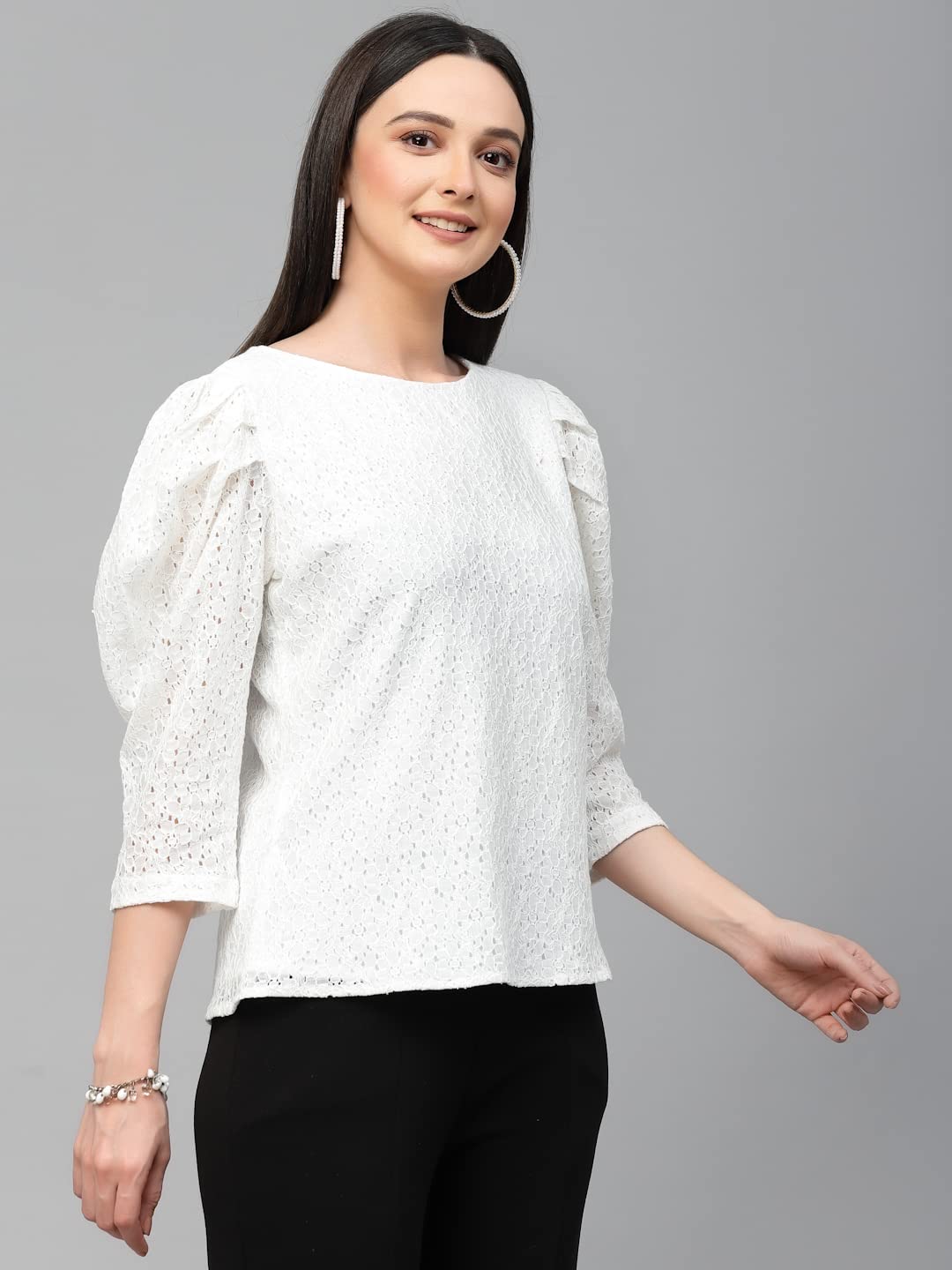 Style Quotient Women White Self Design Floral Lace Regular Smart Casual Tops