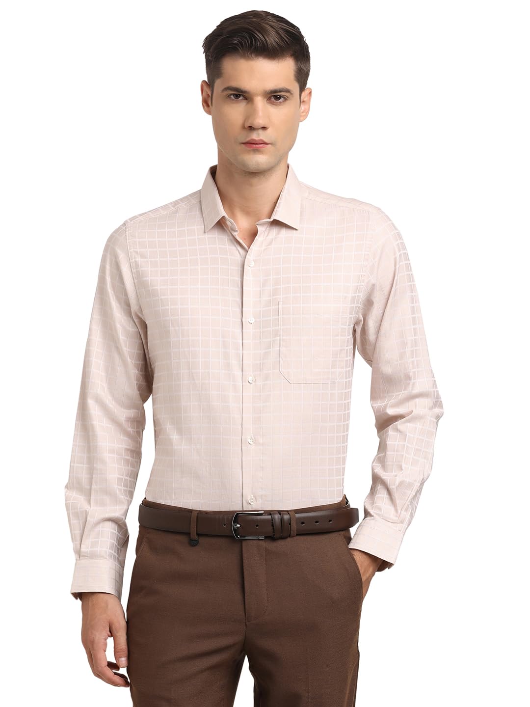 Turtle Men Giza Cotton Beige Checkered Regular Fit Formal Shirt