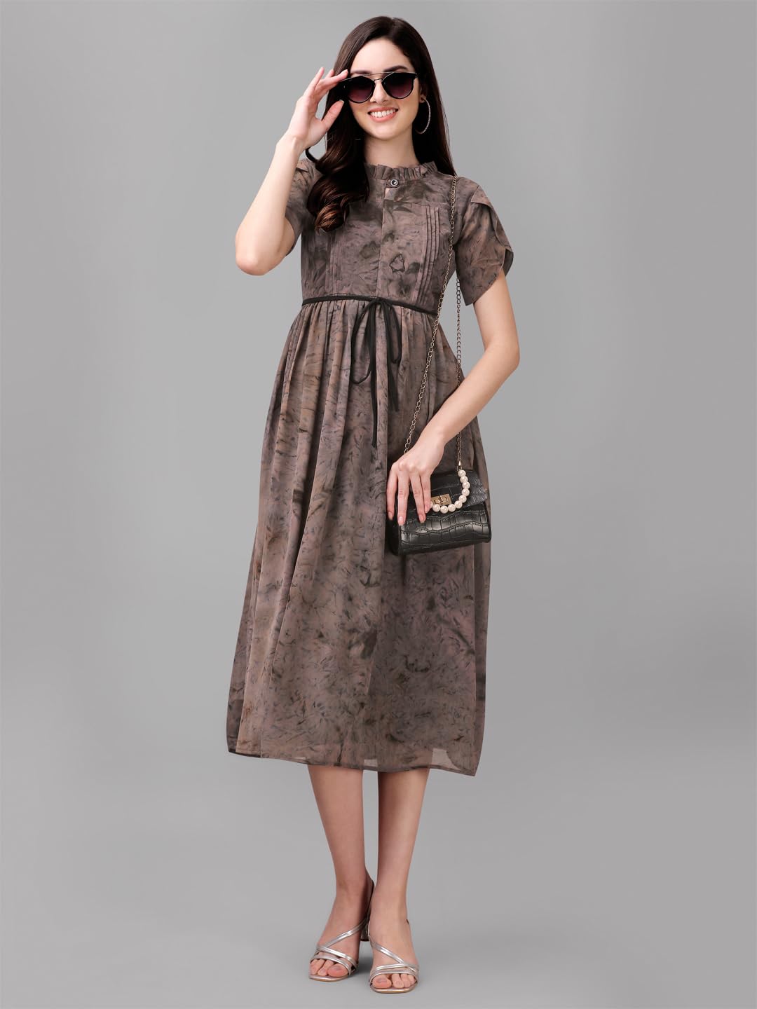 Gufrina WomenS Georgette Midi Dress With Short Sleeves Abstract Printed High Round Neck Knee Length Regular Fit And A Line Styl