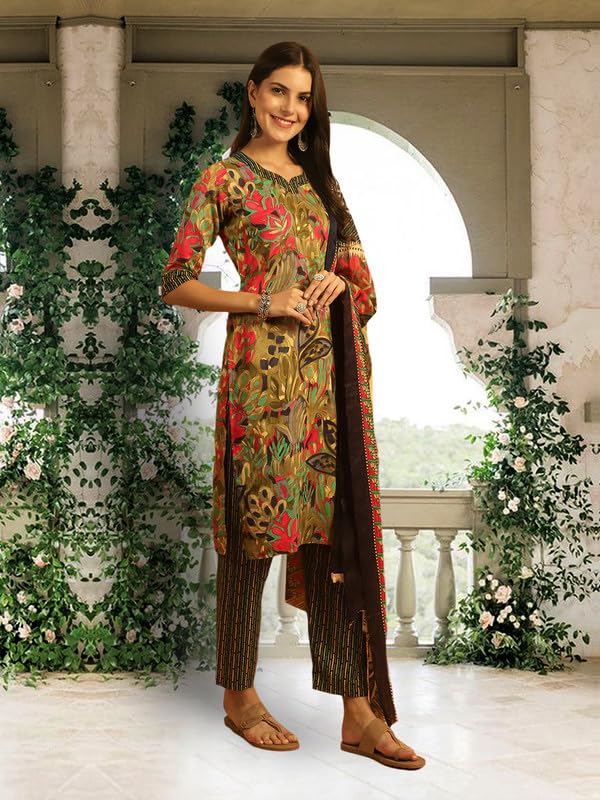Pinkmint Kurta Set For Women Ll Cotton Flower Printed Straight Kurta & Pant With Fancy Duppata Ll Wedding Ll Formal Ll Party (Pa
