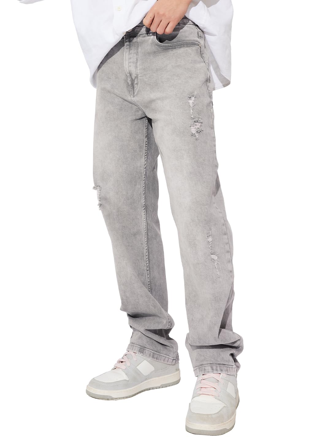 The Souled Store Denim: Granite Grey Men and Boys Buttoned Cotton Blend Straight Fit Jeans