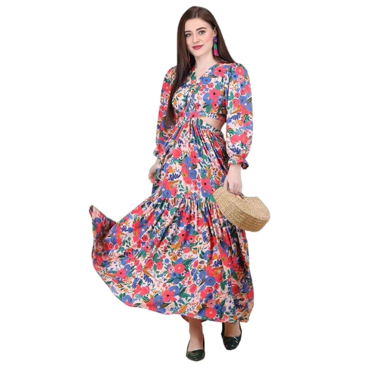 Kuduzo WomenS Crepe Maxi Dress With 3/4Th Sleeves V Neck Line Floral Printed Pattern Maxi Length Waist Cut Regular Fit And Flar