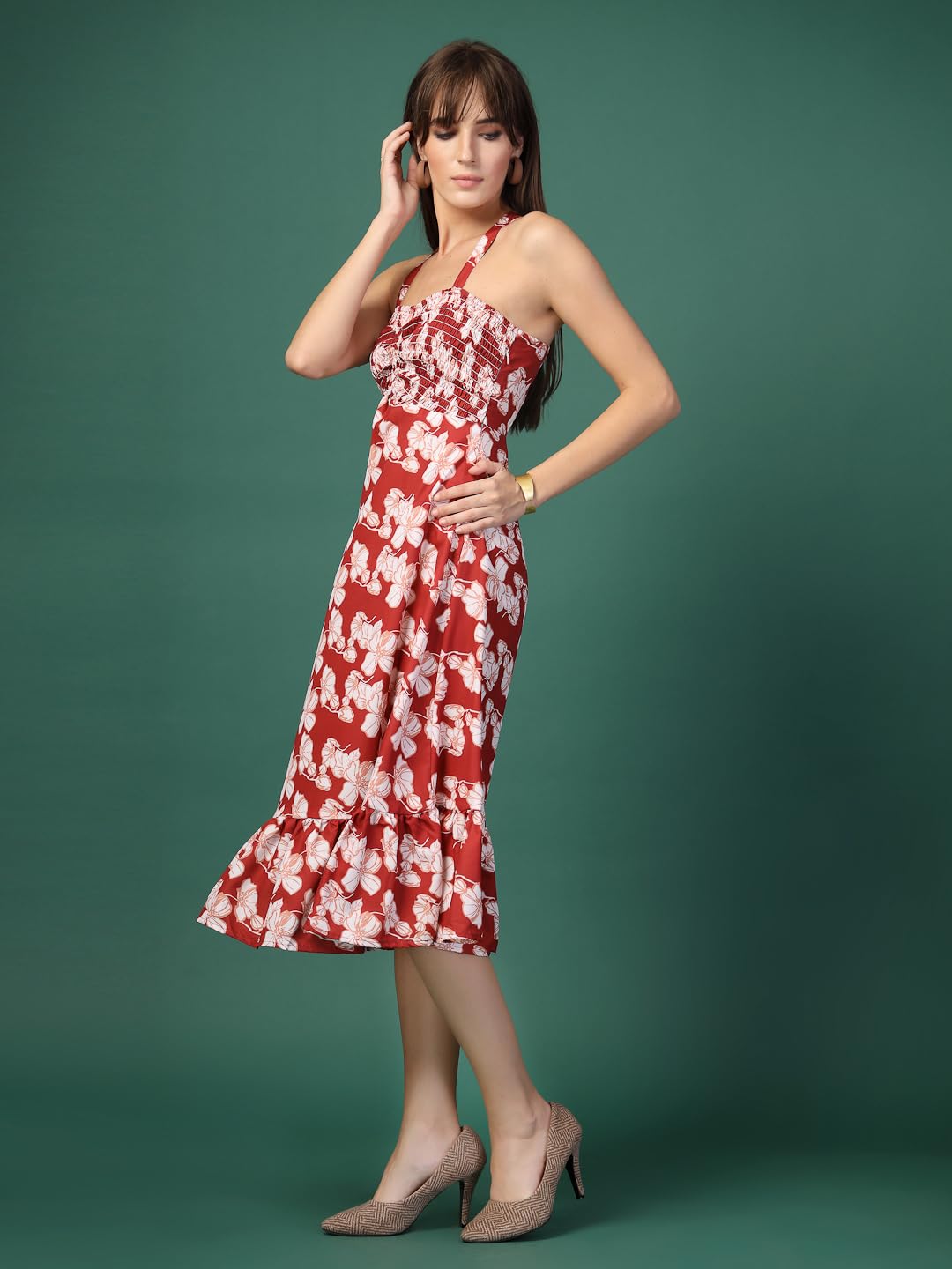 Oomph! WomenS Western & Fusion Wear Printed Crepe Dress For Women, Smocked Bodice, Red - Md1049