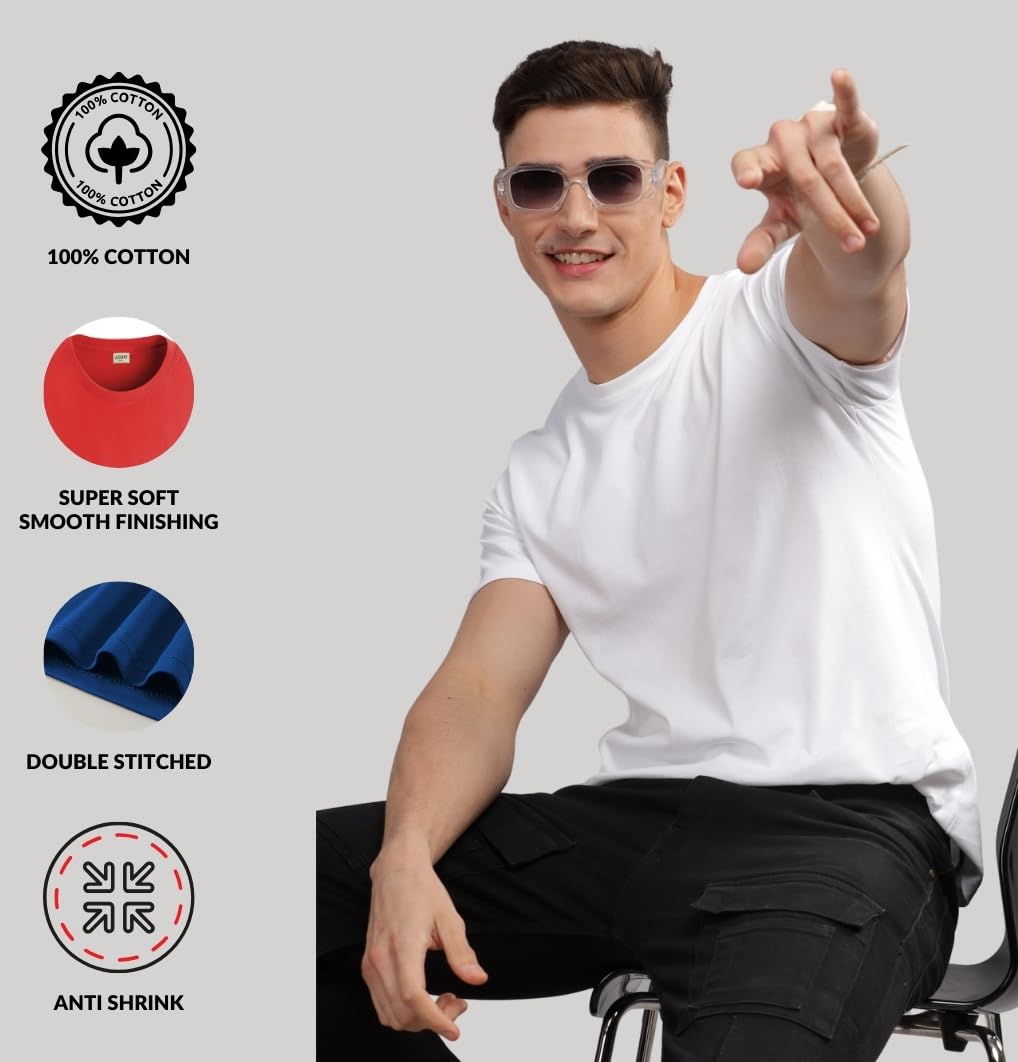 ADRO Mens Solid Regular Fit T-Shirt (RCM3-PLN-RD-WH-GR_Red,White,Grey