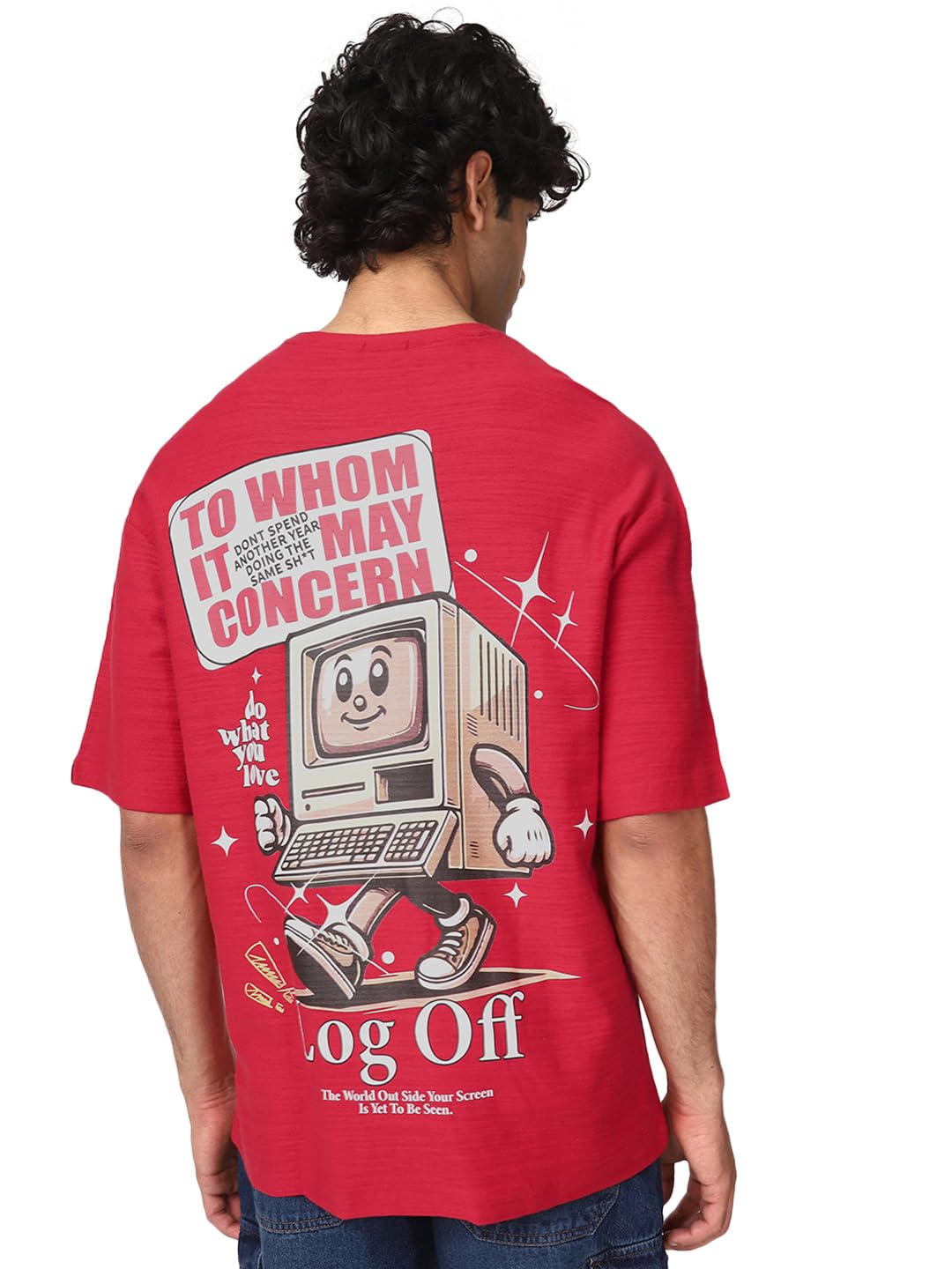 Bewakoof Air 1.0 Mens Graphic Printed Oversized Fit Half Sleeve Round Neck Cotton Jersey T-Shirt_661990_Red_M