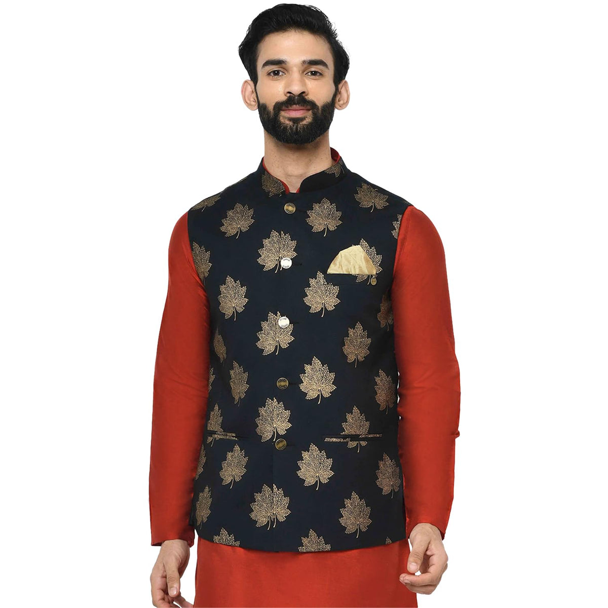 Kisah MenS Black Nehru Jacket, Cotton Blend Fabric, Ethnic Festive Printed Waistcoat Cotton, Regular Fit