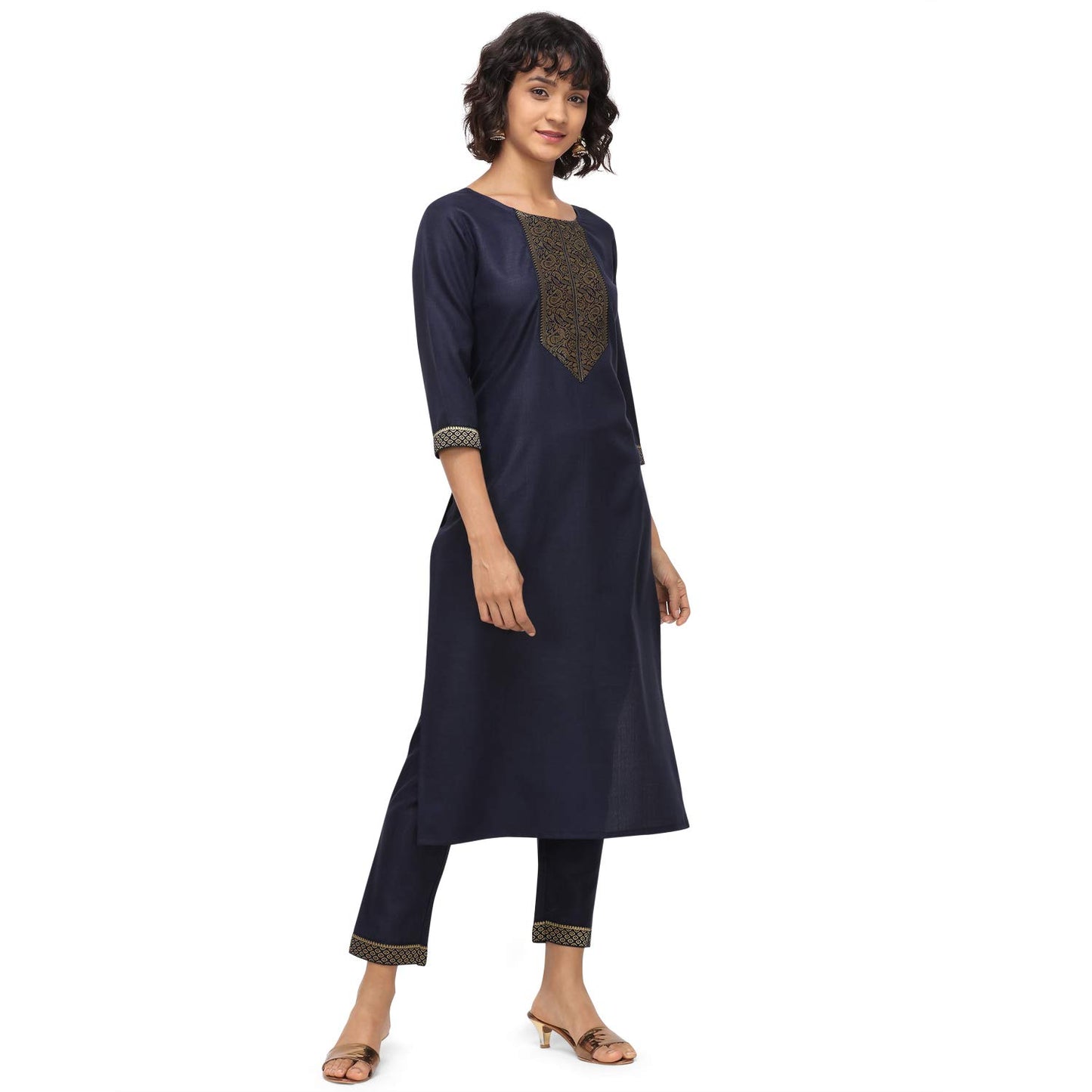 Nainvish Women'S Cotton Blend A-Line Embellished Kurti Pant With Dupatta (Sd095-L_Navy Blue)