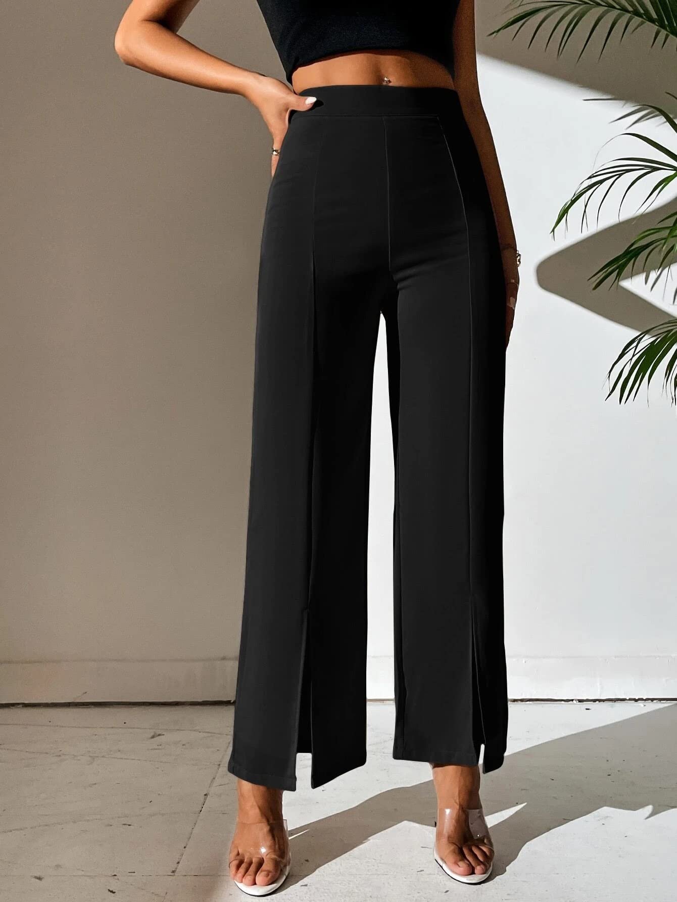 Shasmi Black Womens Dress Pants Stretchy Work Slacks Business Casual Office Bootcut Leg Elastic Waist Regular Fit Plazzo Trouse