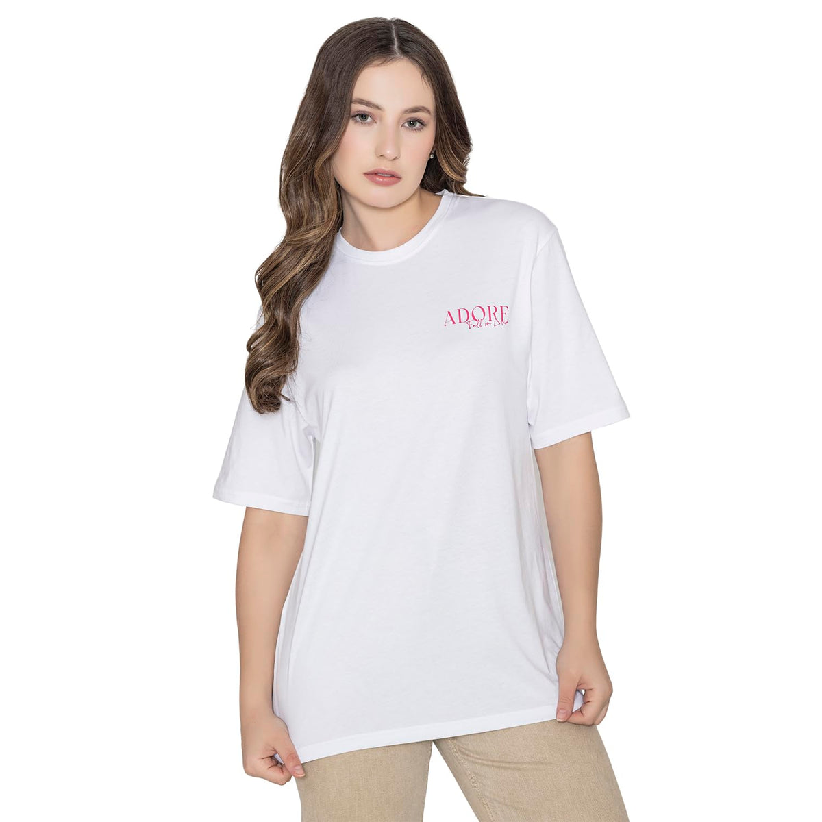 Bonjour Womens Super Combed Cotton Regular Fit Graphic Printed Round Neck Half Sleeve T-Shirt (Color:-White)