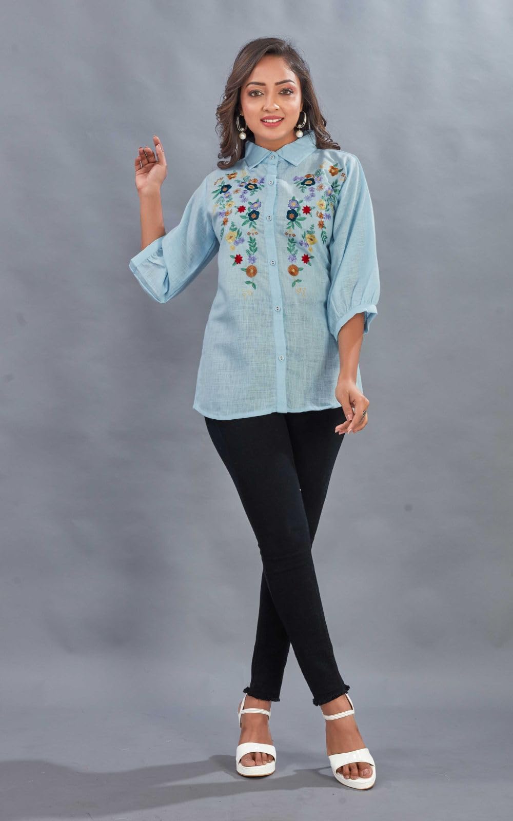 Kesudi WomenS Linen Floral Embroidered Tunic Top With Spread Collared Full Sleeves Short Length And Button Closure | An-Rose-Sk
