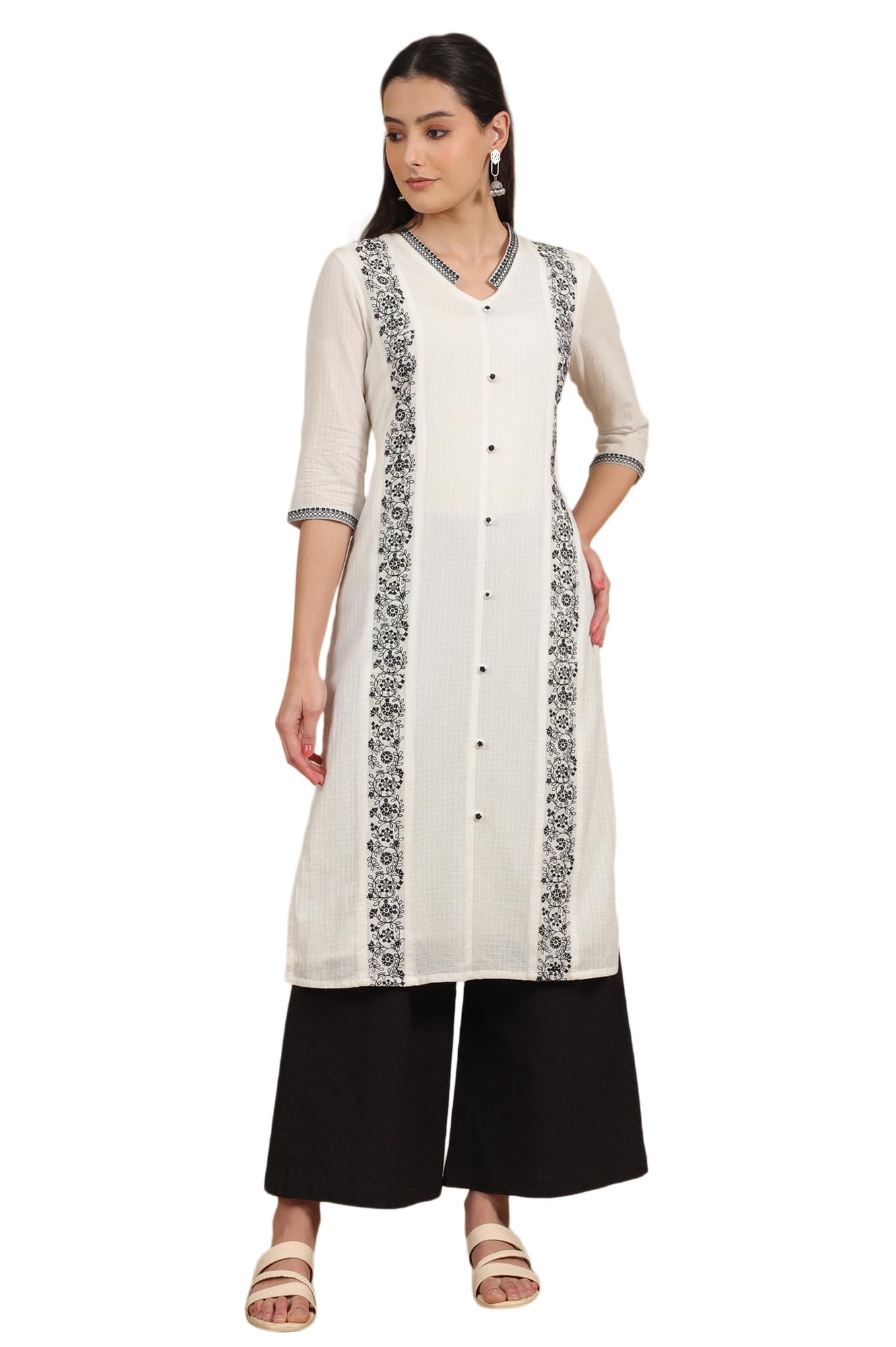 Aurelia Women's White Thread Embroidered Pure Cotton Straight Kurta and Pflared Palazzo Set (Size: XL)-AS15734-608255