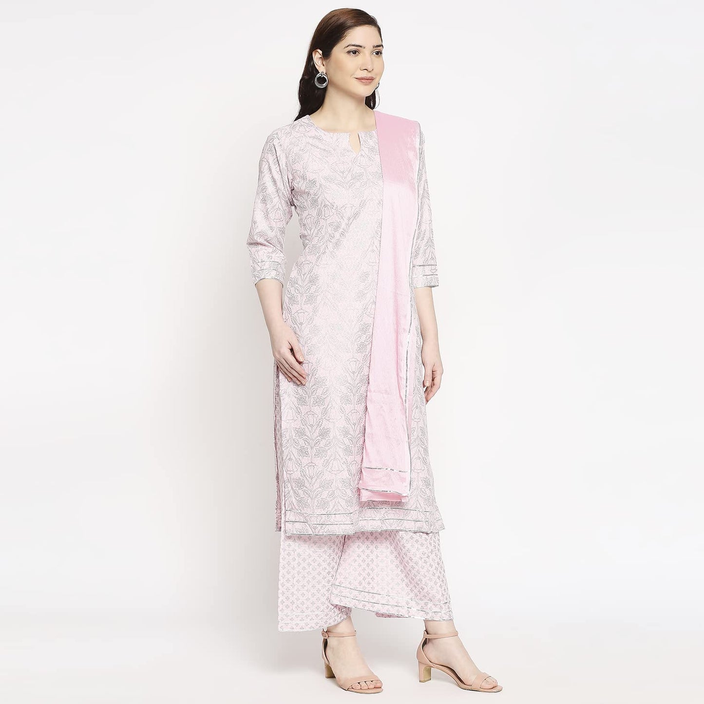 ANNI DESIGNER Women's Cotton Straight Kurta with Palazzo & Dupatta (DOLI Pink_GSK)