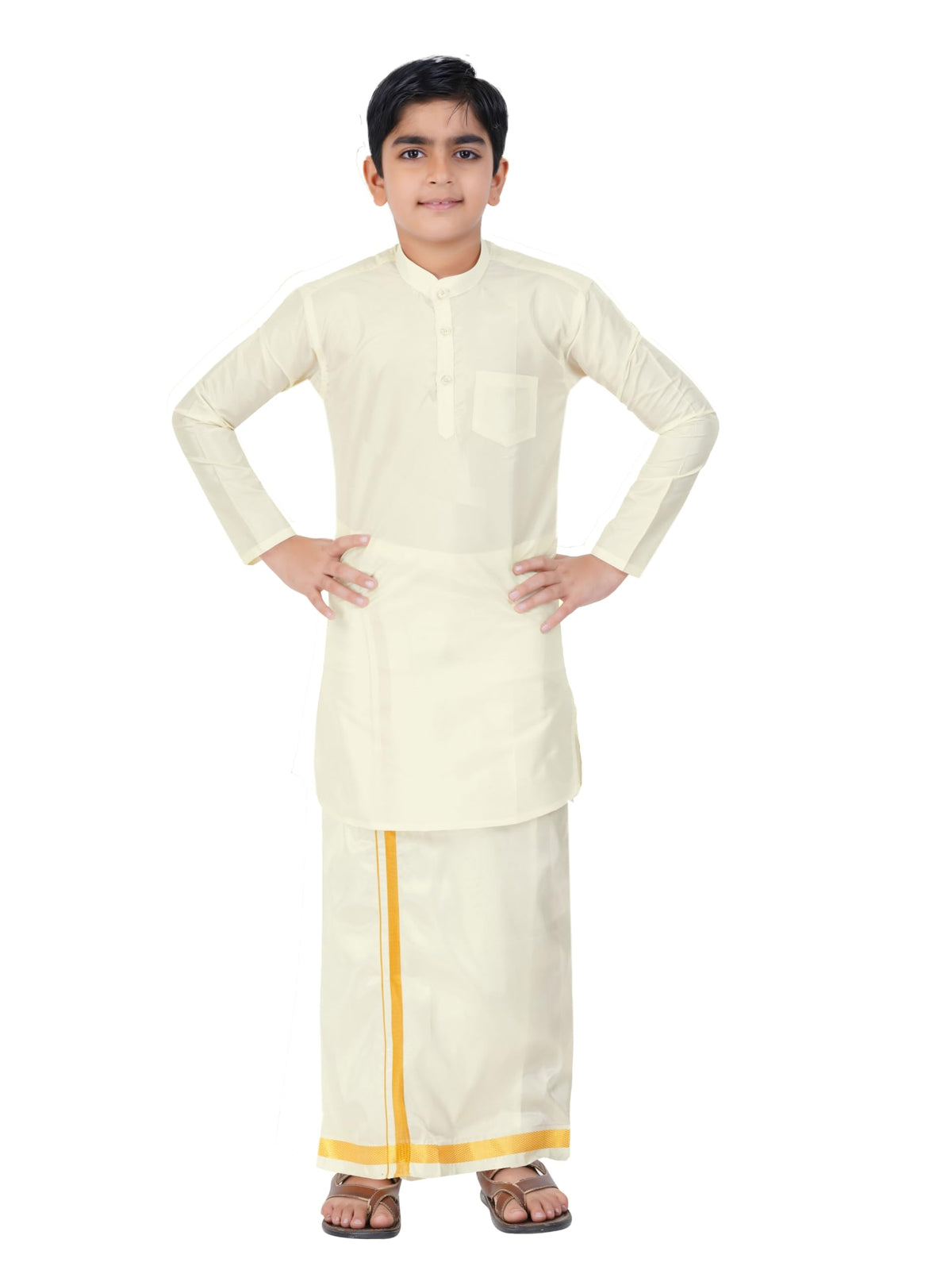 Prakasam Cotton Boys Cream Art Silk Long Sleeve Kurtha With Stitched Art Silk Cream Dhoti For Boys