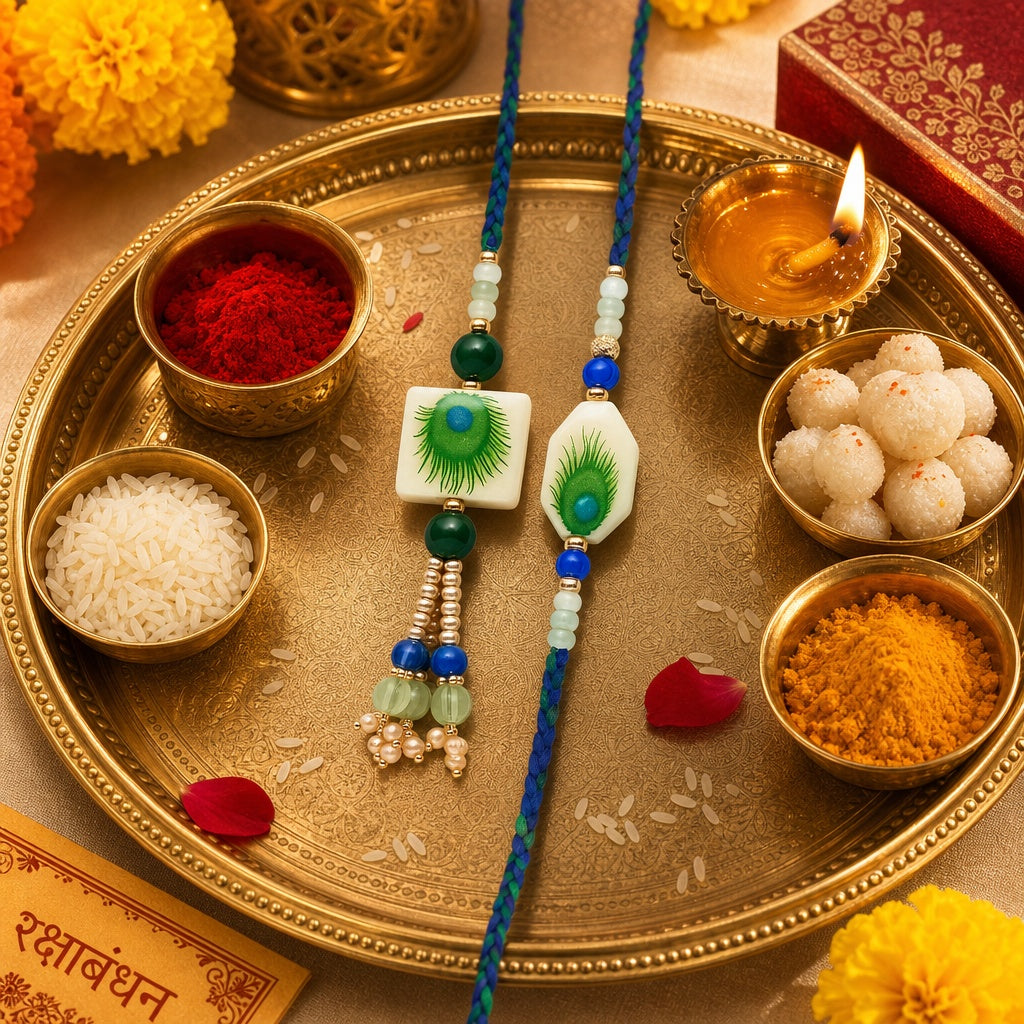 Premium Designer White Peacock Resin Rakhi Set of 2 with Roli Chawal for Bhaiya Bhabhi – Traditional Lumba Set, Thread Rakhi with Stones – Ideal Raksha Bandhan Gift