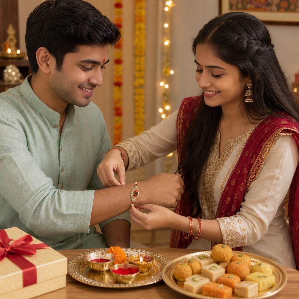 Premium Designer Rakhi Set of 2 for Brother – Rakhi Thread, Rakhi Bracelet, Traditional Raksha Bandhan Gift for Bhaiya