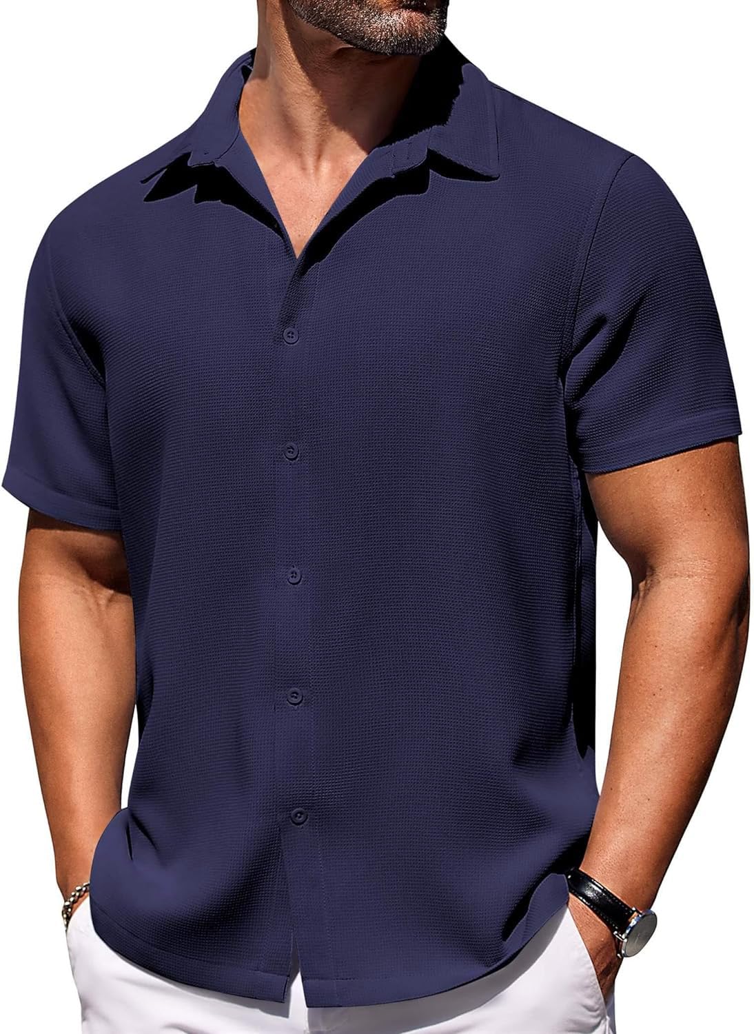 CB-COLEBROOK Mens Waffle Knit Shirt Short Sleeve Button Down Shirts Casual Beach Vacation Shirts Latest Textured Wrinkle Free Sh
