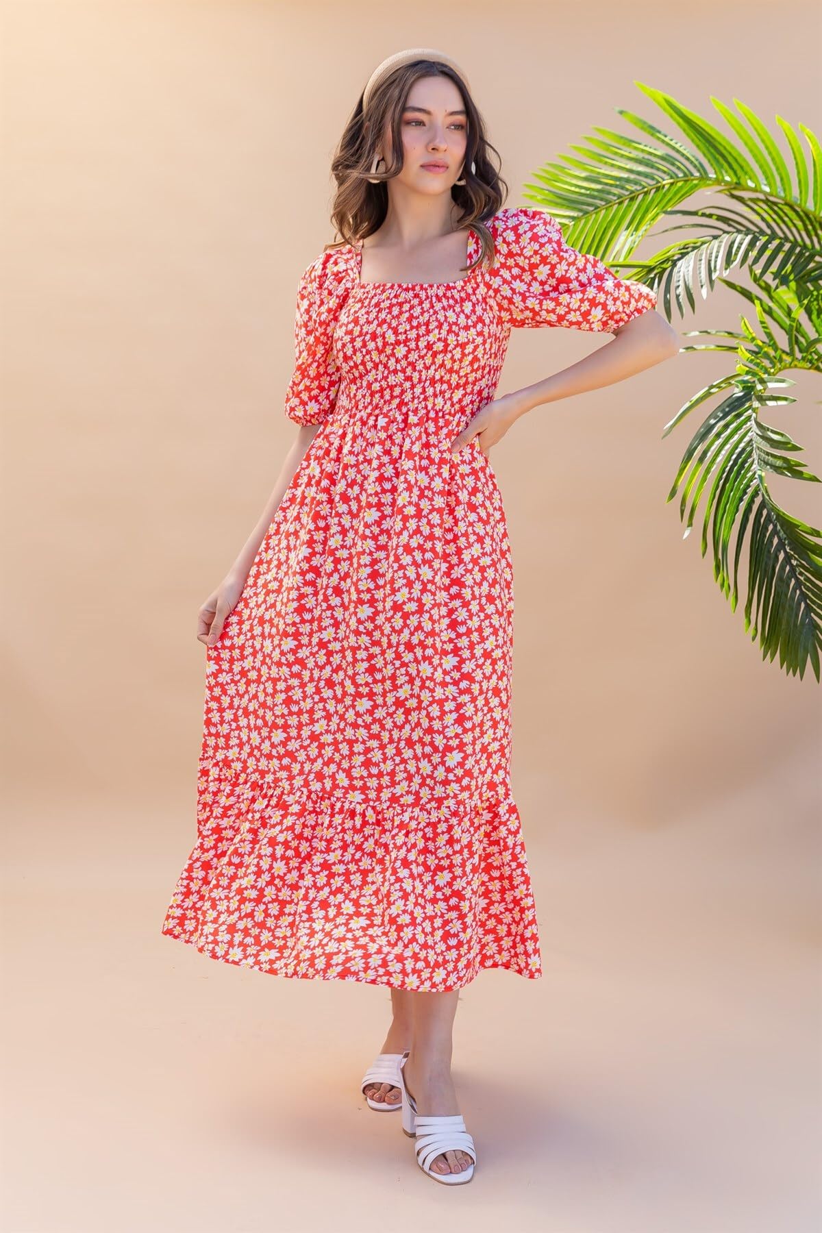 Sheetal Associates WomenS Casual Flower Print Puff Sleeves Maxi Dress - Pack Of 1 Red