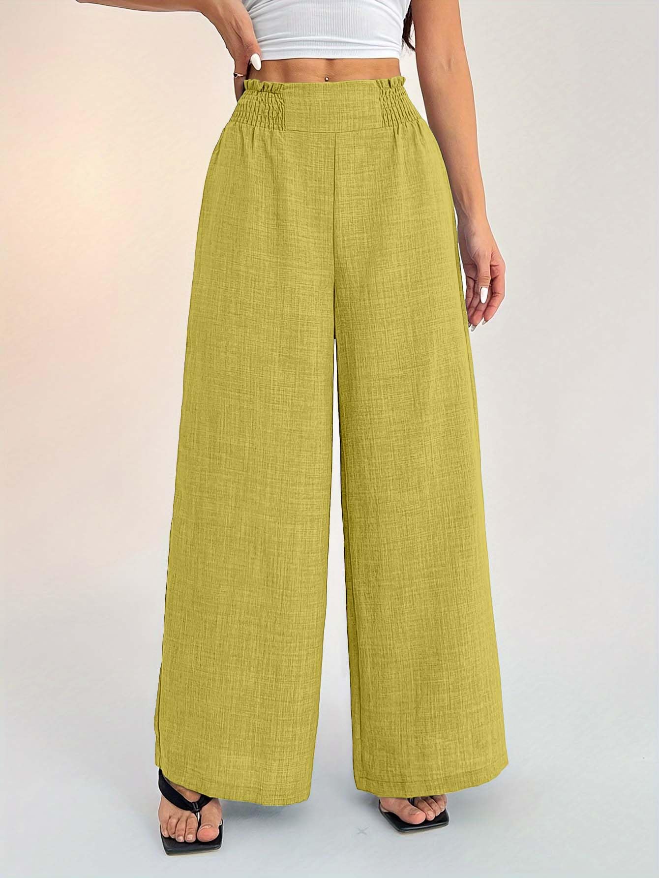 Sugathari Womens Lemon Yellow Casual Wide Leg Pants High Waist Elastic Waistband Loose Fit Long Trousers | Lightweight Straigh