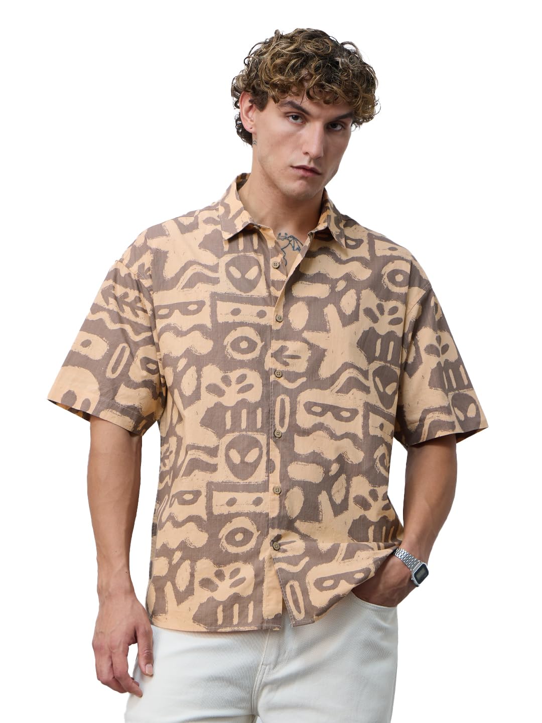 The Souled Store Oversized Shirt: Marine Men and Boys Short Sleeves Collared Neck Button Front Brown All Over Printed Cotton Ove