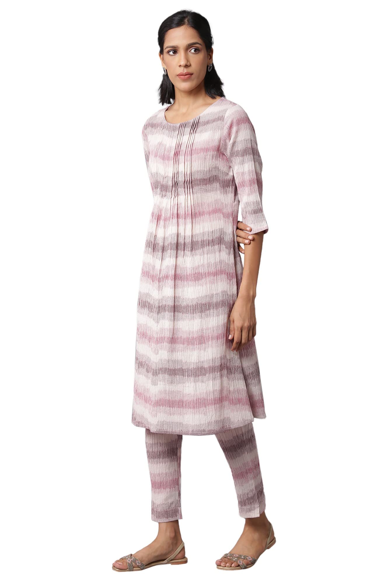 W for Woman Pink Printed Cotton Co-Ord Kurta Set With Slim Pant For Women