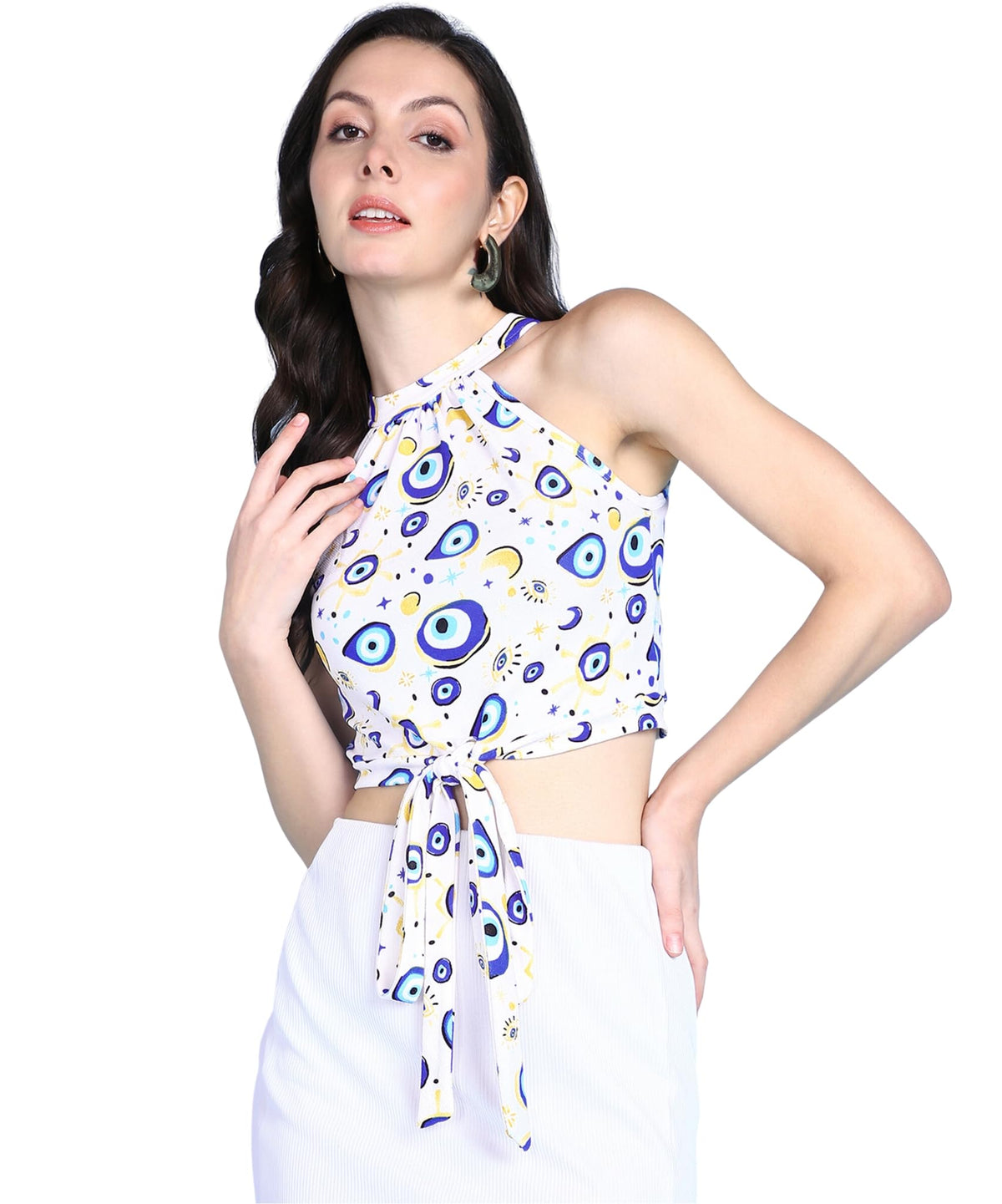 POPWINGS Women Casual White Eye Printed Sleeveless Halter Neck String Knot Crop Top