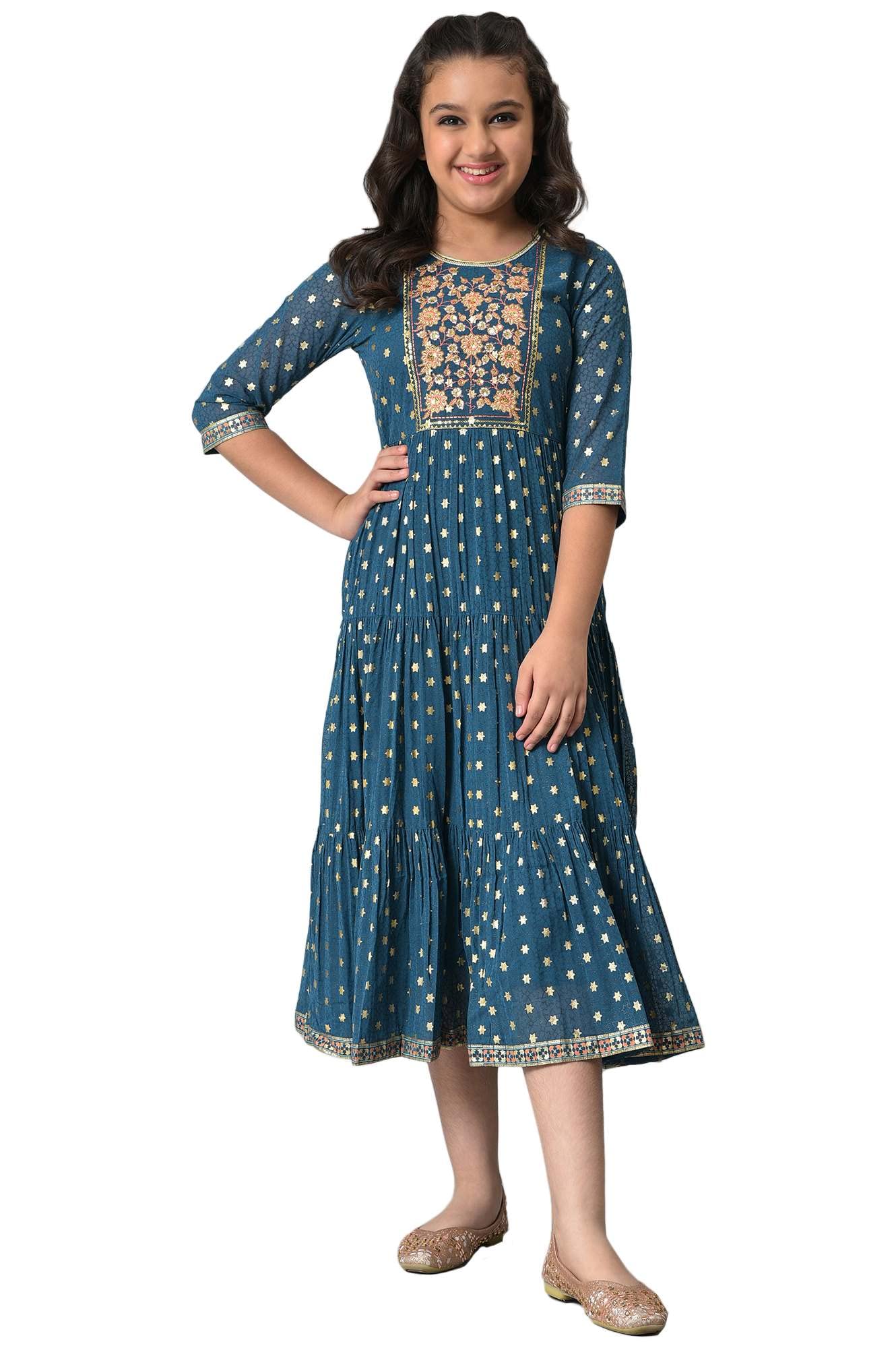 Aurelia Girl's Polyester Fit and Flare Knee-Length Casual Dress (22AUG10152A-503882_Blue