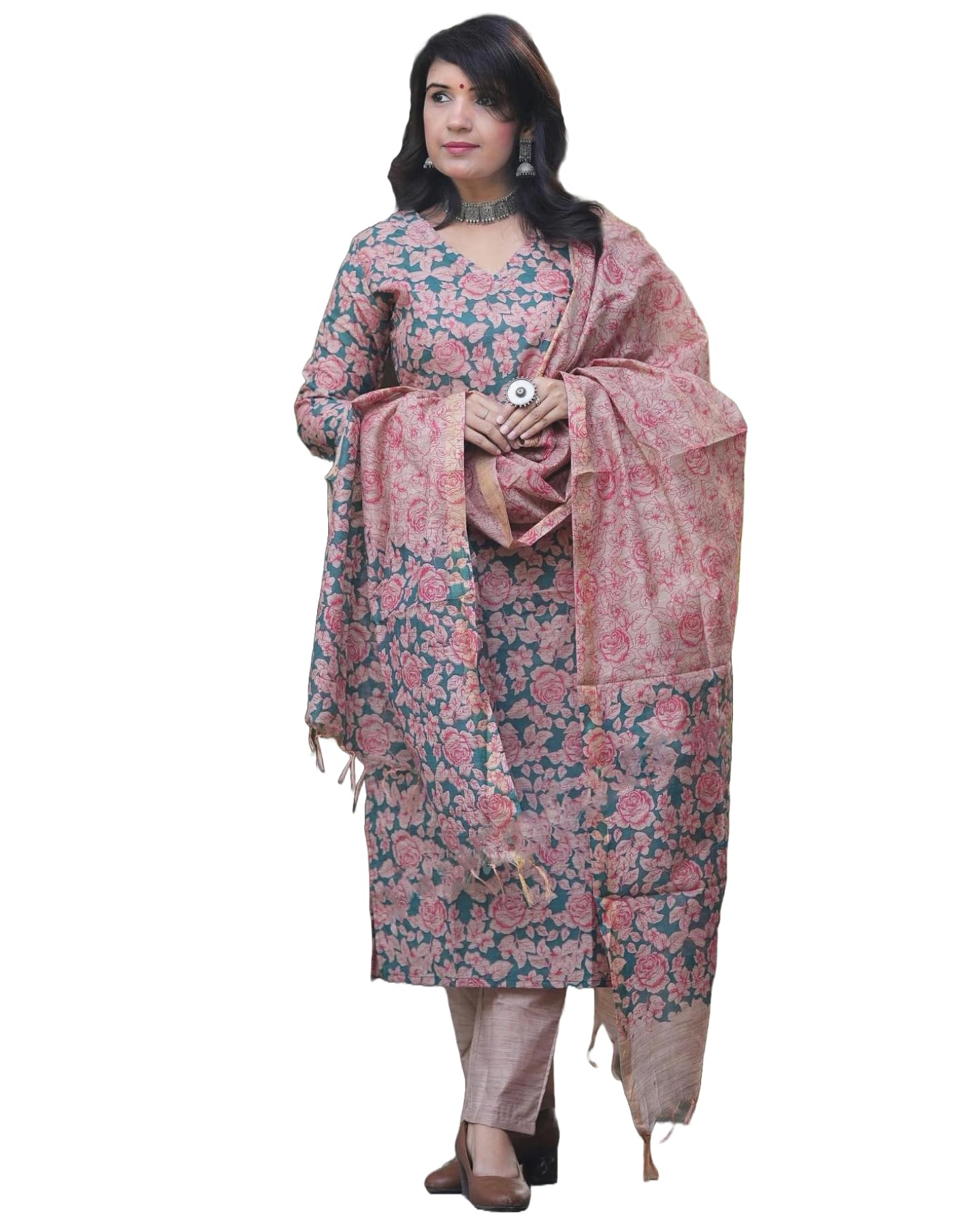 Gosriki WomenS Cotton Blend Printed Straight Kurta With Pant & Dupatta (Moringa Green-Gs_Xxl_Green_Xx-Large)