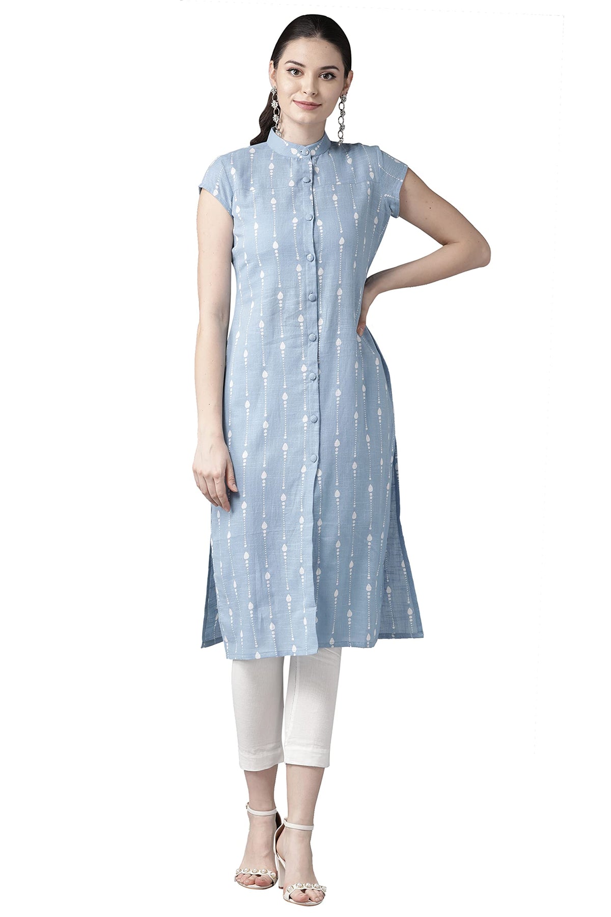See Designs Women Blue & White Khari Print Straight Kurta