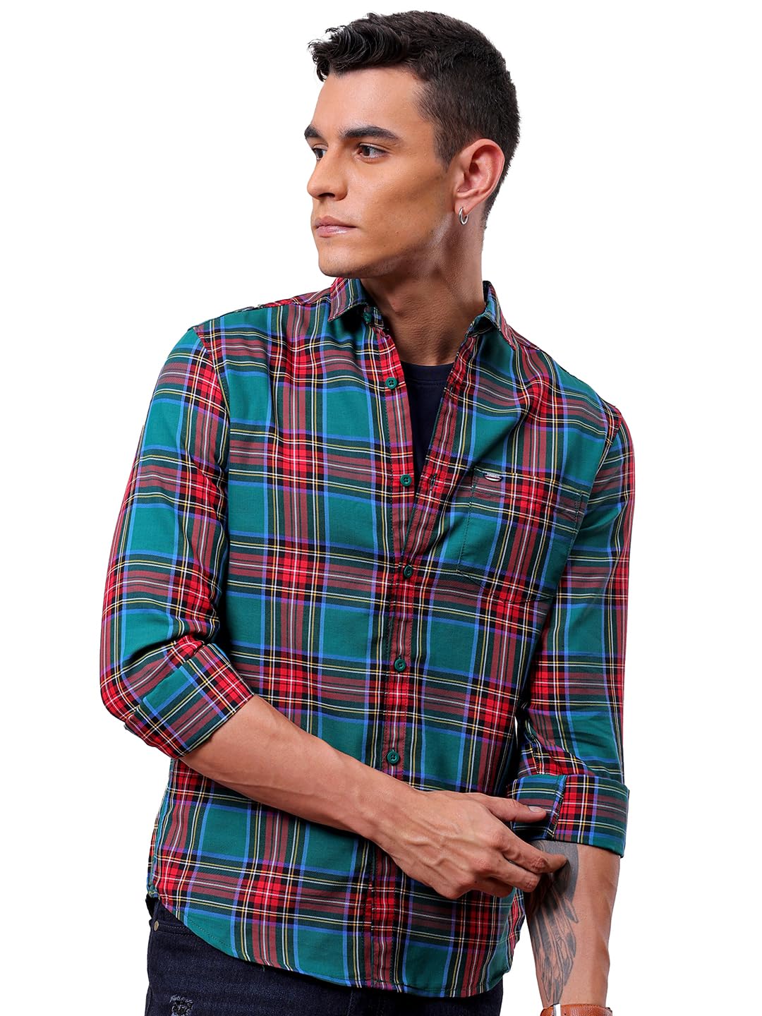 The Indian Garage Co Men Green Slim Fit Checkered Casual Shirt