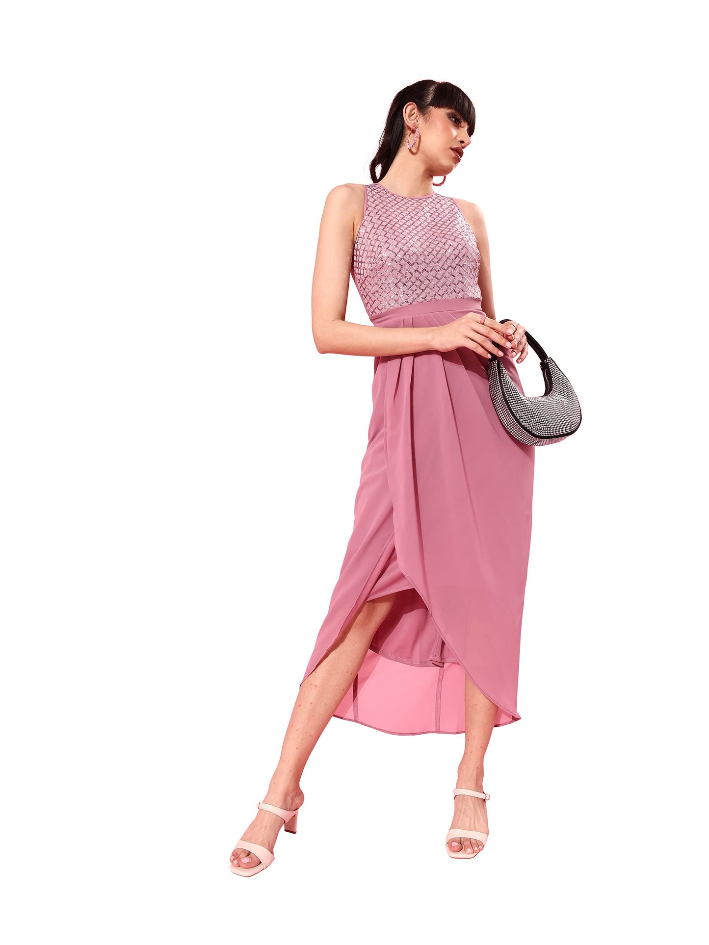 Miss Chase WomenS Dusty Lavender Round Neck Sleeveless Embellished Midi Dress (Mcss22D13-65-261-05, Dusty Lavender, L)