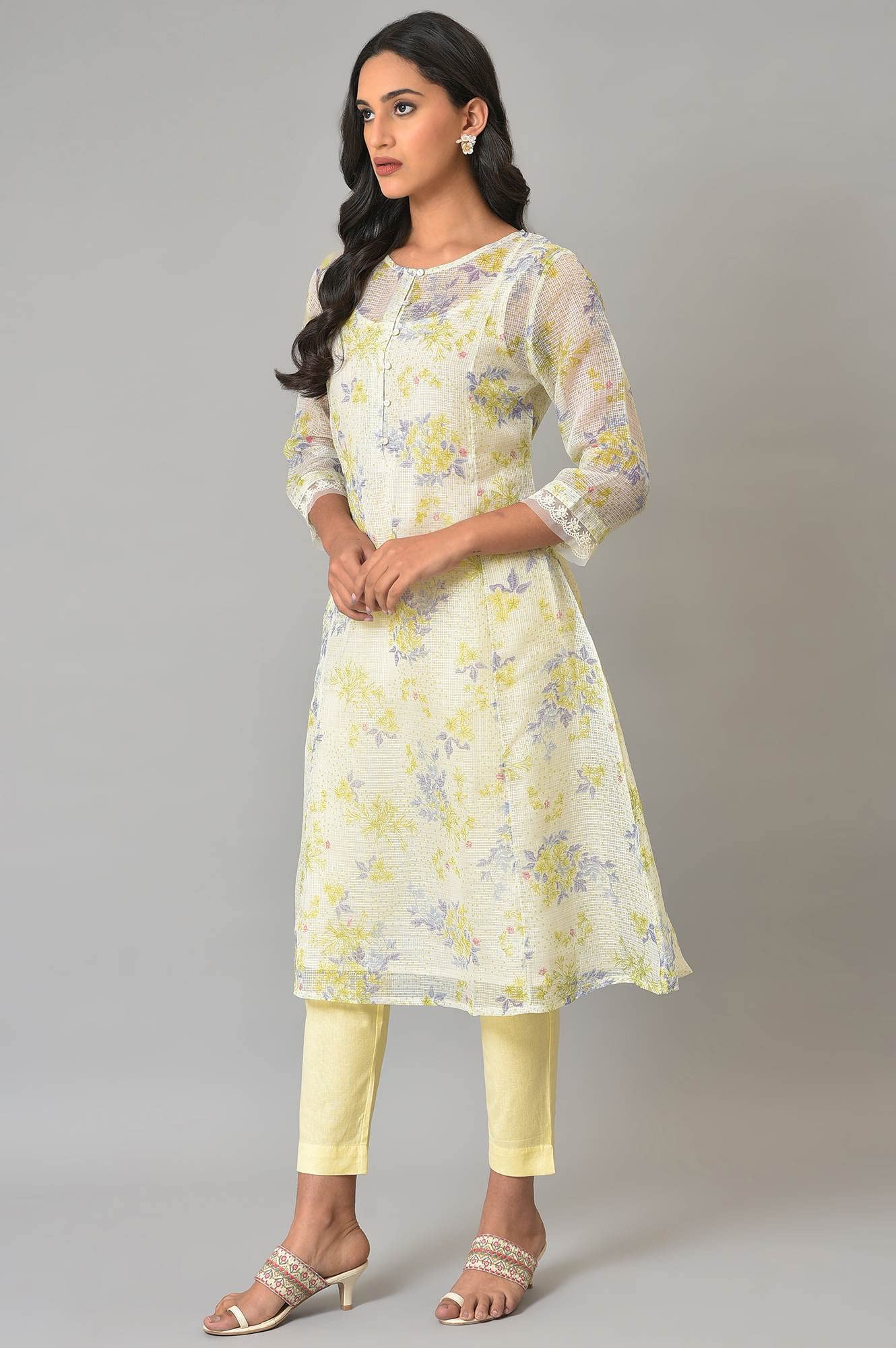 W Ecru Floral Printed Synthetic Lace Regular Kurta For Women