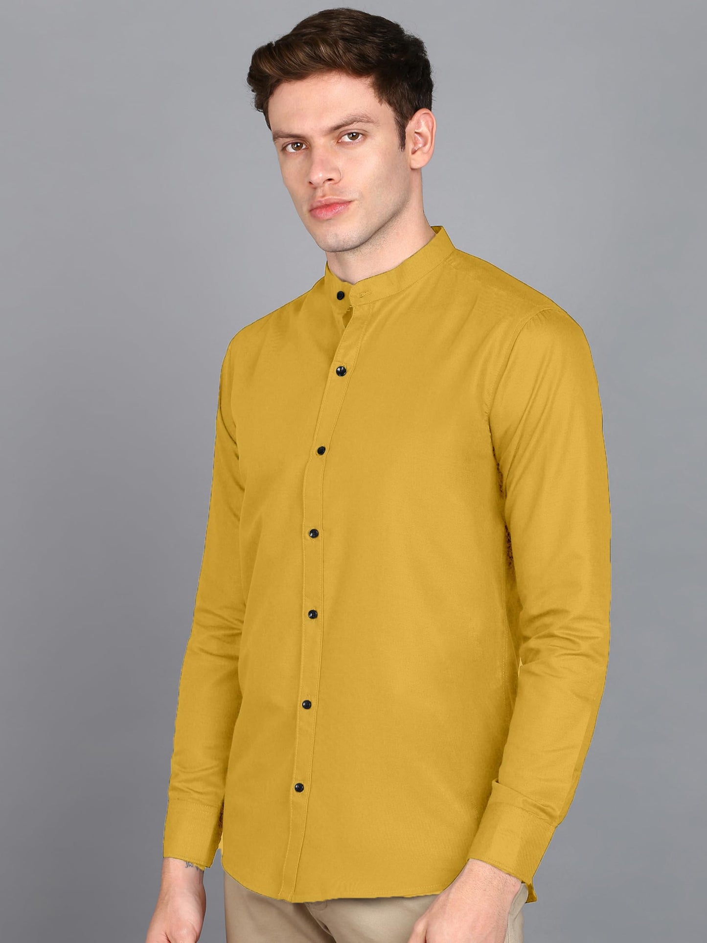 Mildin MenS Cotton Blend Solid Shirt With Mandarin Chinese Collar Full Sleeve Curved Hemline Button Closure Slim Fit | Shirt Fo
