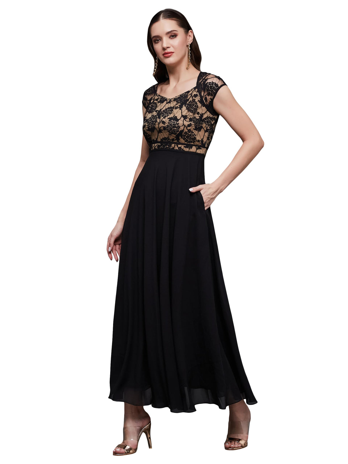 Miss Chase Women Floral V - Neck Cap Short Sleeves Lace Overlaid Fit & Flare With Pockets Paneled Maxi Dress (Mcss21D06-11-62-0