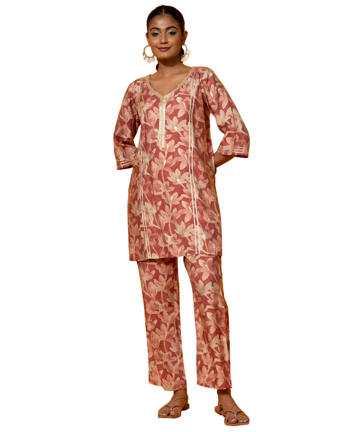 Libas Womens Printed Silk Blend Co-Ord Set For Women Rust