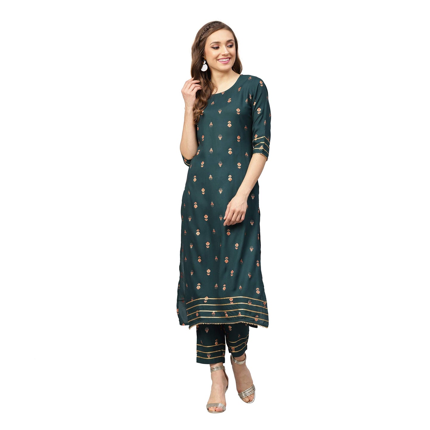 idaLia Dark Green Gold Print Kurta with Pants