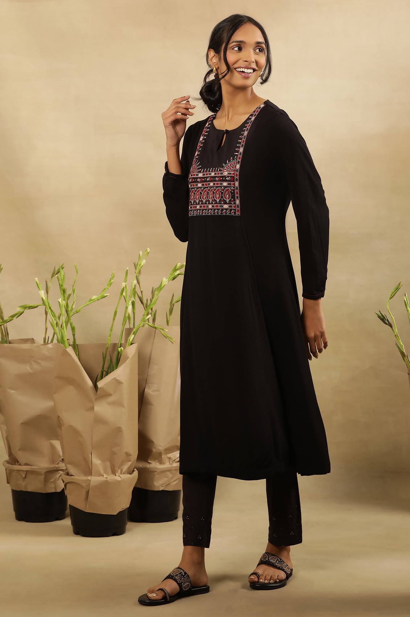 Folksong by W Women Black Festive Solid Viscose A-Line Kurta