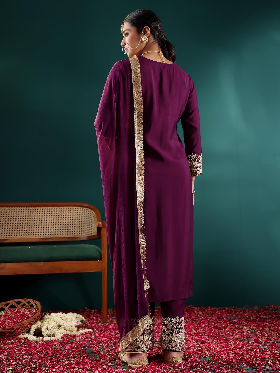 Varanga Women Purple Zari Embroidered Sequin Embellished Kurta Paired with Bottom and Dupatta