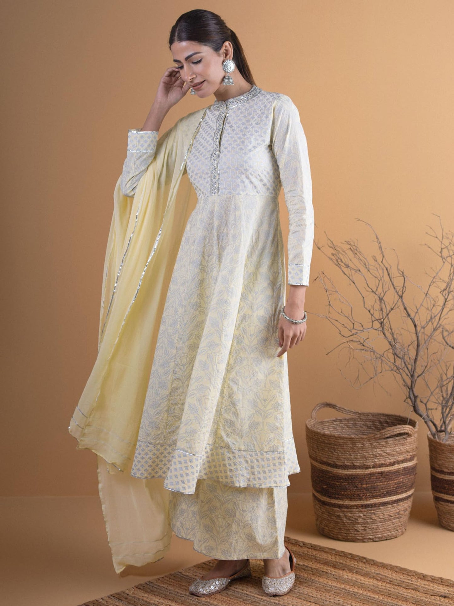 Libas Womens Silk Blend Kurta Set (5717_Yellow