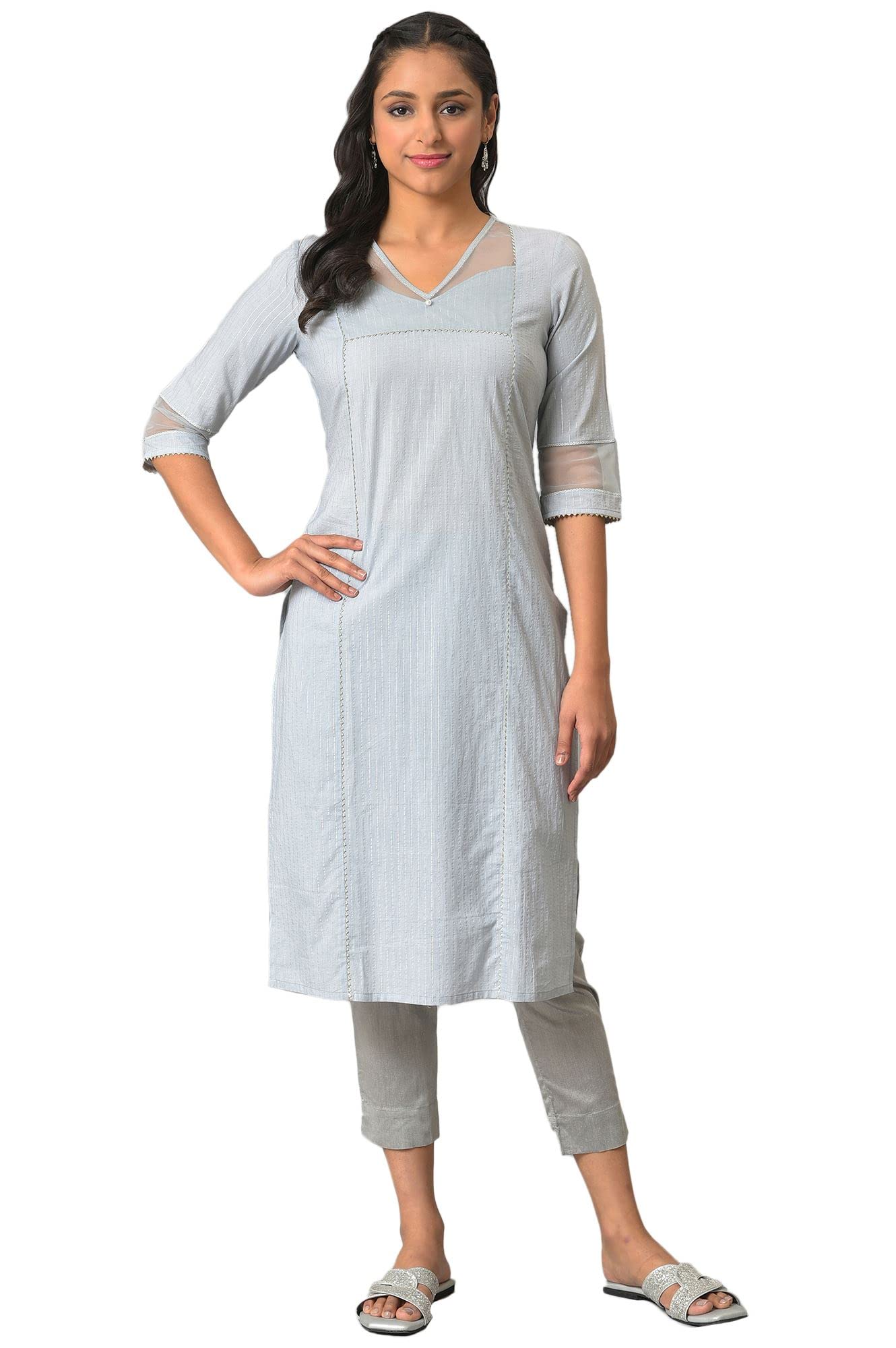 Blue Sequined Lurex Striped Plus Size Kurta